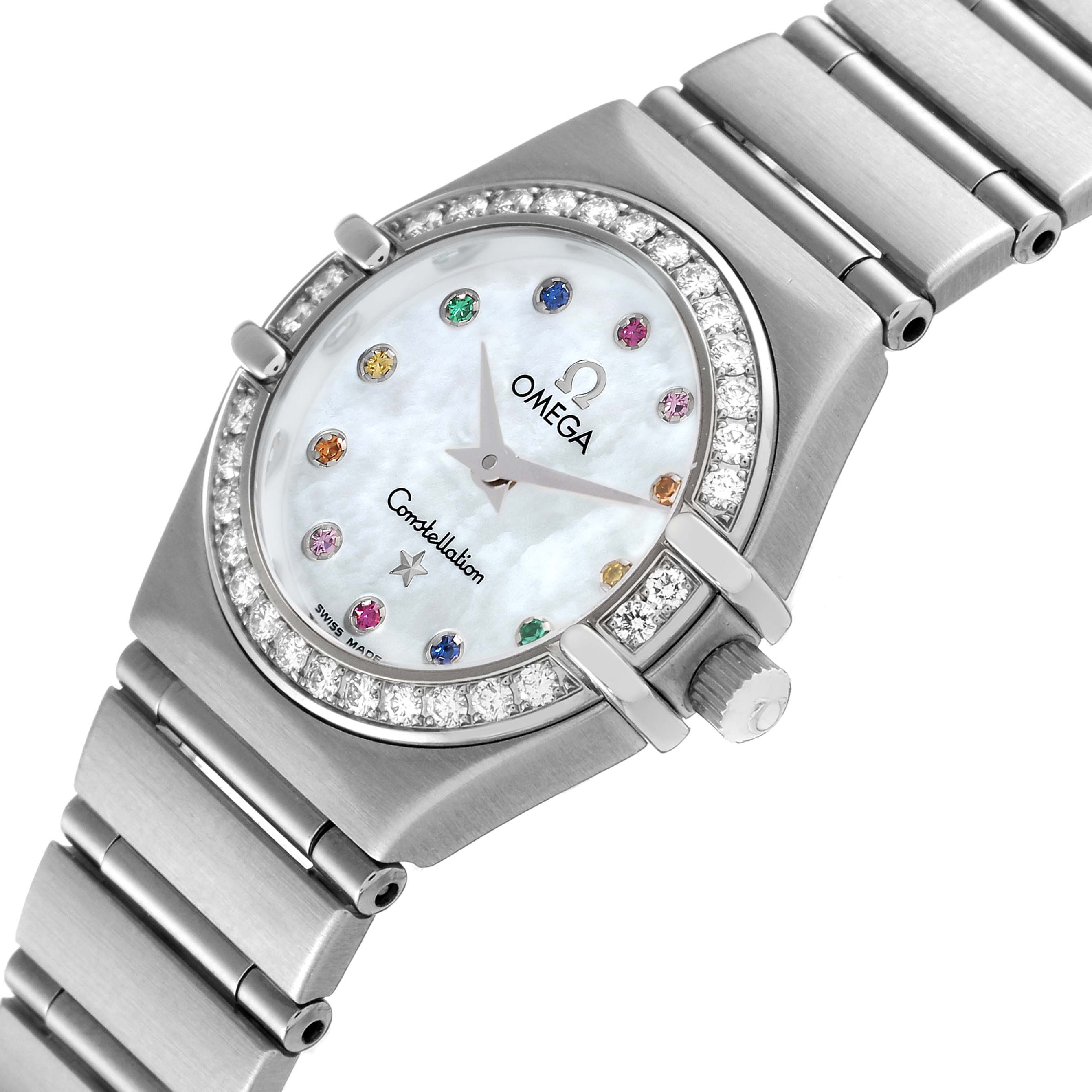 The image shows an angled view of the dial, bezel, and part of the bracelet for the Omega 1460.79.00 Women's Stainless Steel Mother of Pearl Dial 1460.79.00 Women's Stainless Steel Mother of Pearl Dial Constellation Iris Steel Multi Stone Ladies Watch 1460.79.00.