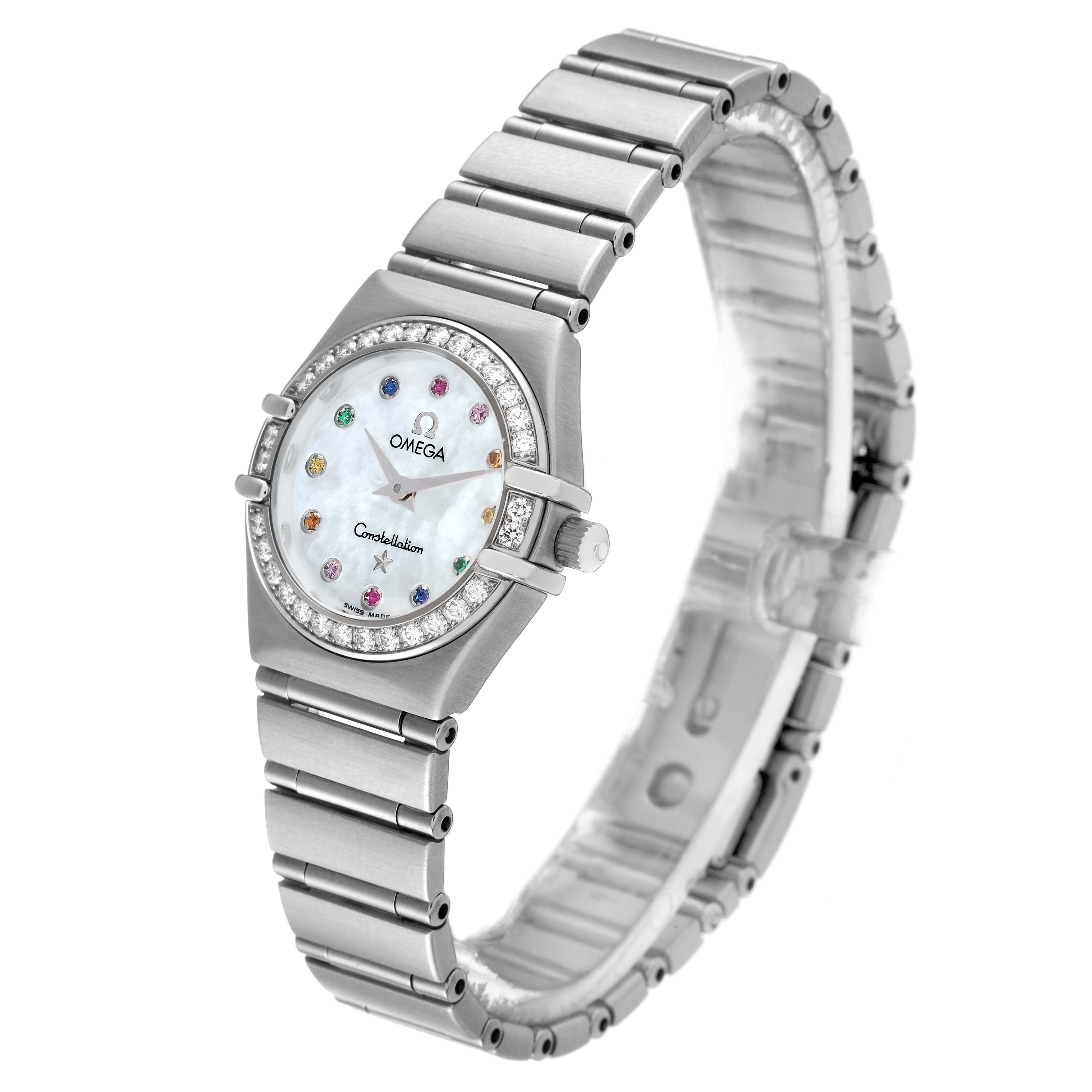 The Omega 1460.79.00 Women's Stainless Steel Mother of Pearl Dial 1460.79.00 Women's Stainless Steel Mother of Pearl Dial Constellation Iris Steel Multi Stone Ladies Watch 1460.79.00 is shown at an angled view, displaying its face, strap, and bezel.