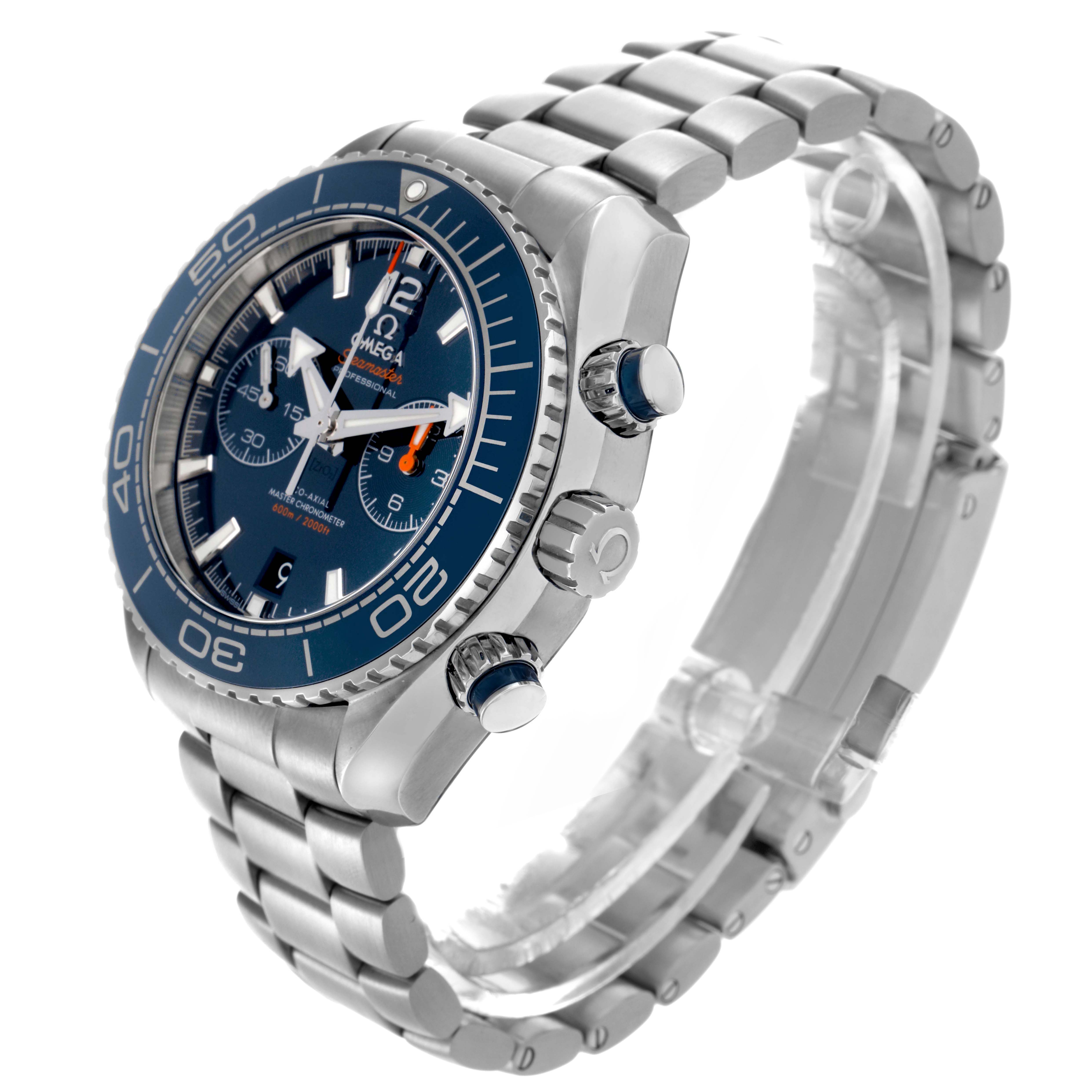 The Omega Planet Ocean 215.30.46.51.03.001 Men
s Stainless Steel Blue Dial watch is shown at an angle highlighting the dial, bezel, crown, pushers, and bracelet.