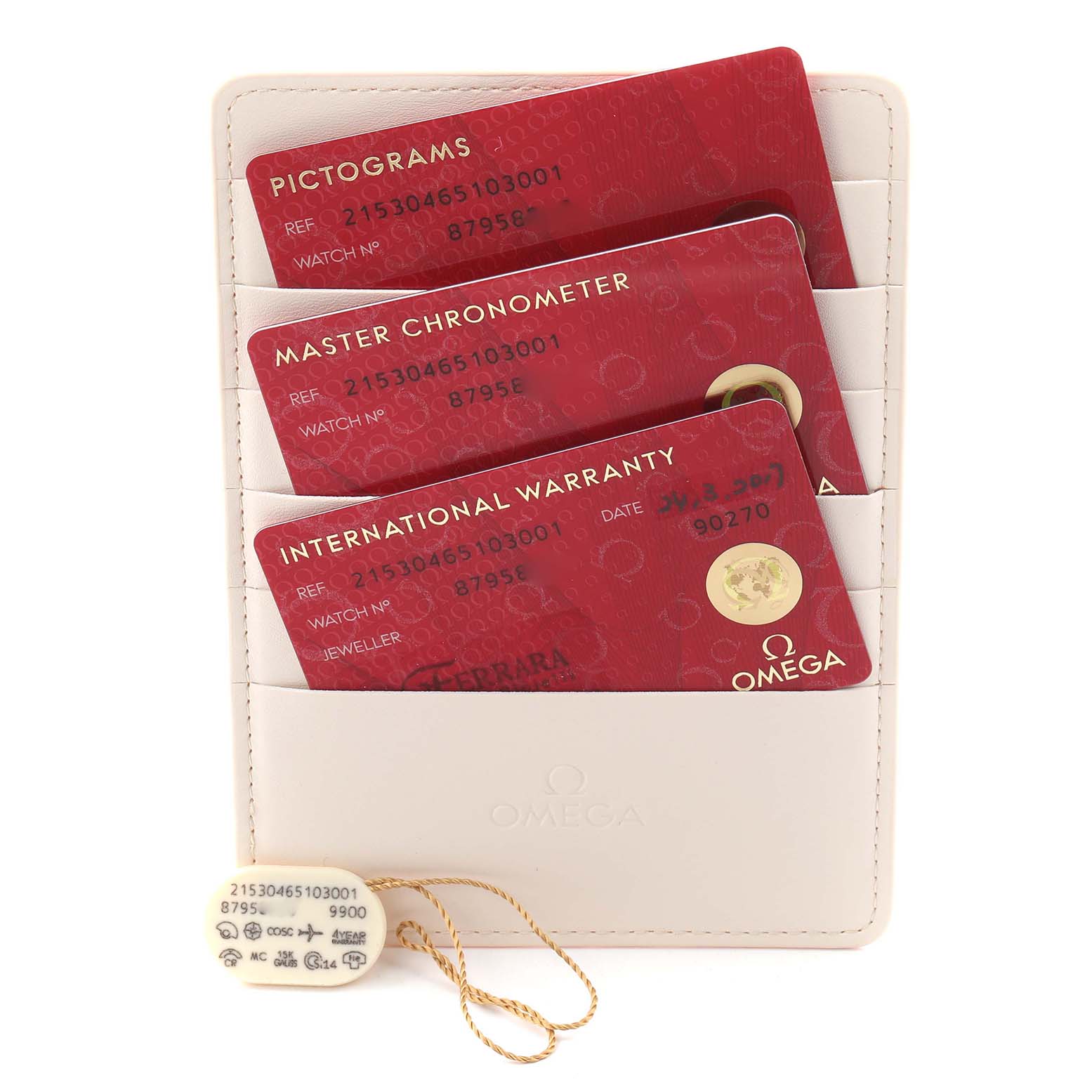 The image shows Omega Planet Ocean 215.30.46.51.03.001 Men
s Stainless Steel Blue Dial 215.30.46.51.03.001 Men
s Stainless Steel Blue Dial watch accessories, including red cards for pictograms, chronometer, warranty, and a tag.