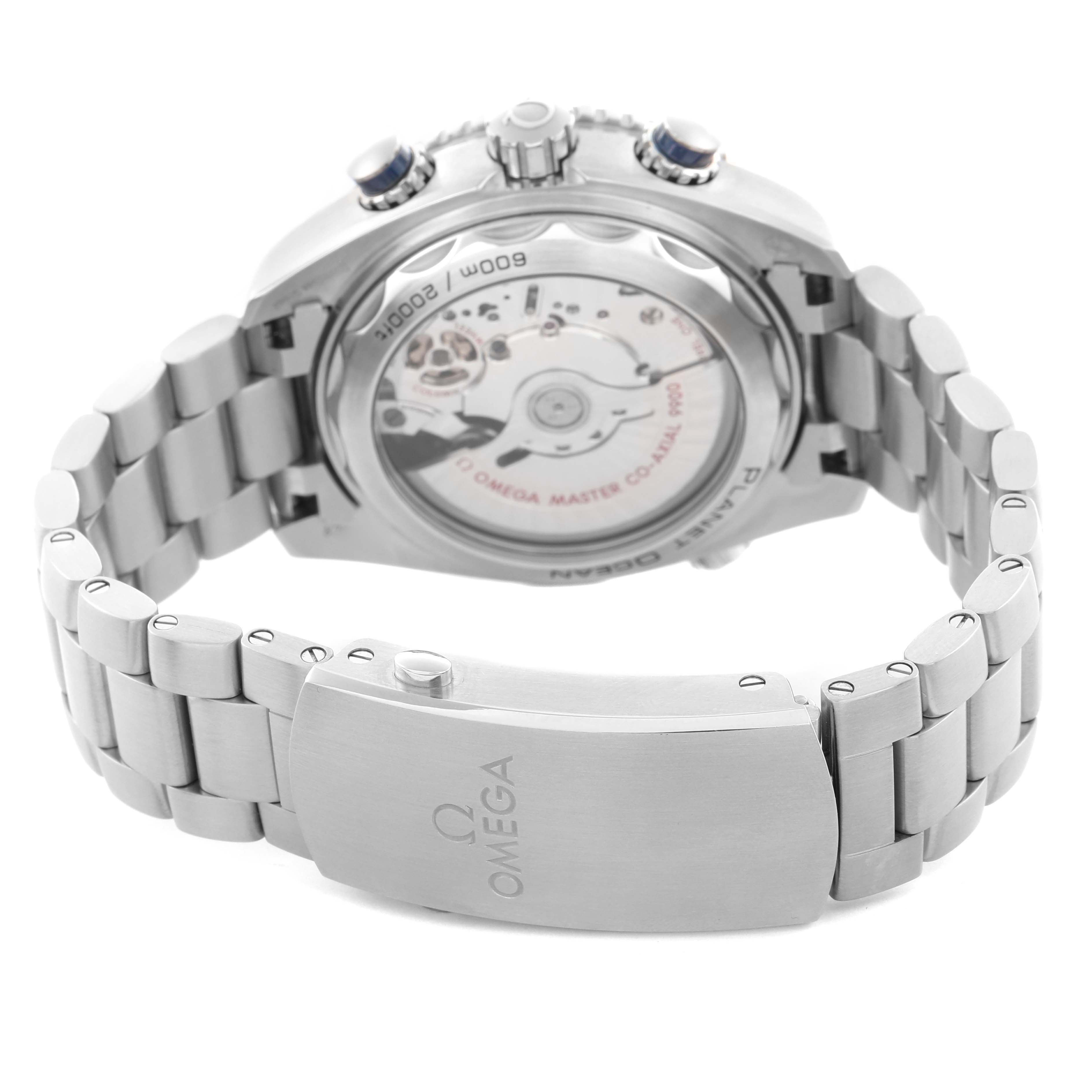 The Omega Planet Ocean 215.30.46.51.03.001 Men
s Stainless Steel Blue Dial 215.30.46.51.03.001 Men
s Stainless Steel Blue Dial watch is shown from the rear, highlighting the case back, movement, and bracelet clasp.