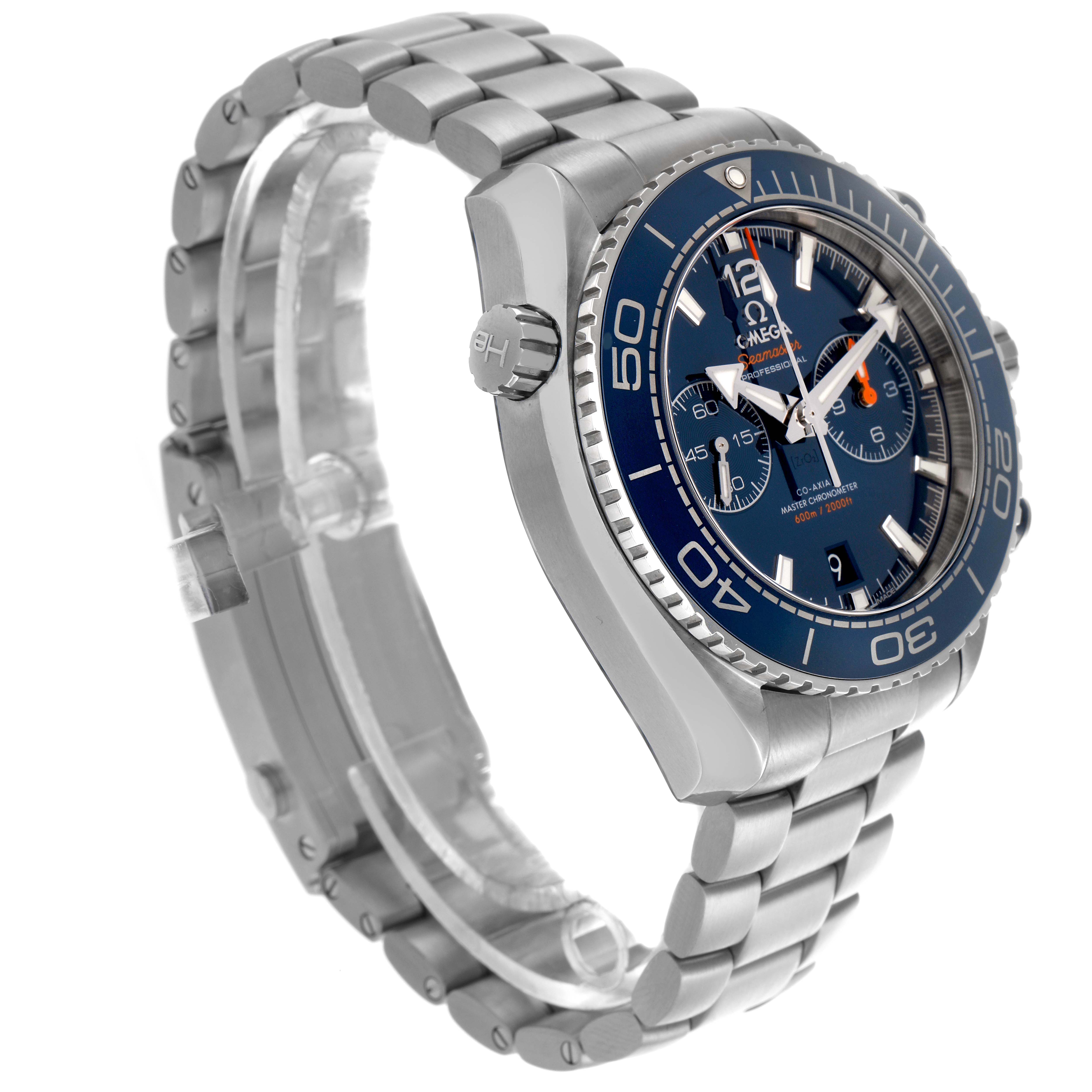 The Omega Planet Ocean 215.30.46.51.03.001 Men
s Stainless Steel Blue Dial watch is shown at an angled side view, highlighting the bezel, dial, crown, and bracelet.