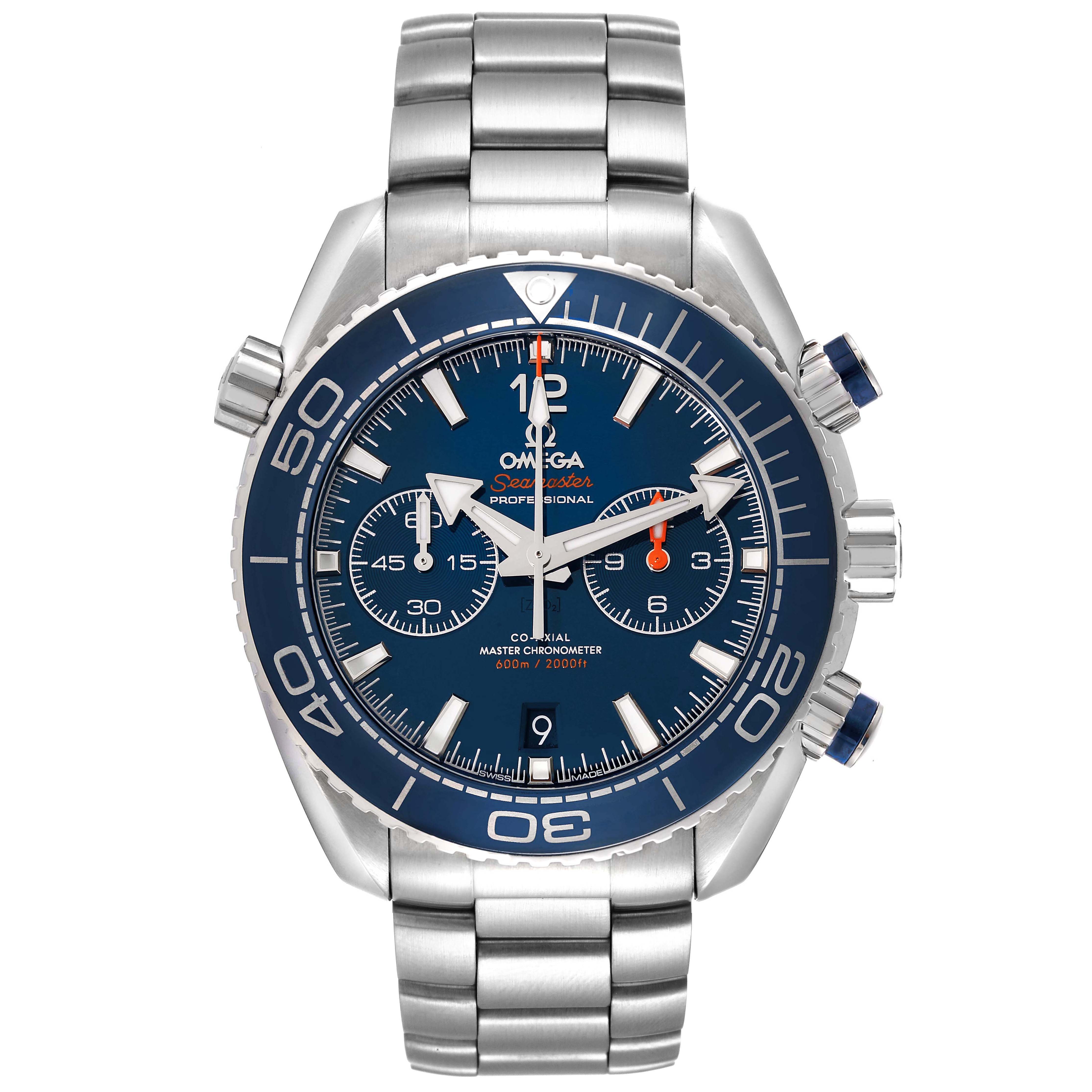 The Omega Planet Ocean 215.30.46.51.03.001 Men
s Stainless Steel Blue Dial watch is shown from a front angle, highlighting the face, bezel, chronograph subdials, and bracelet.