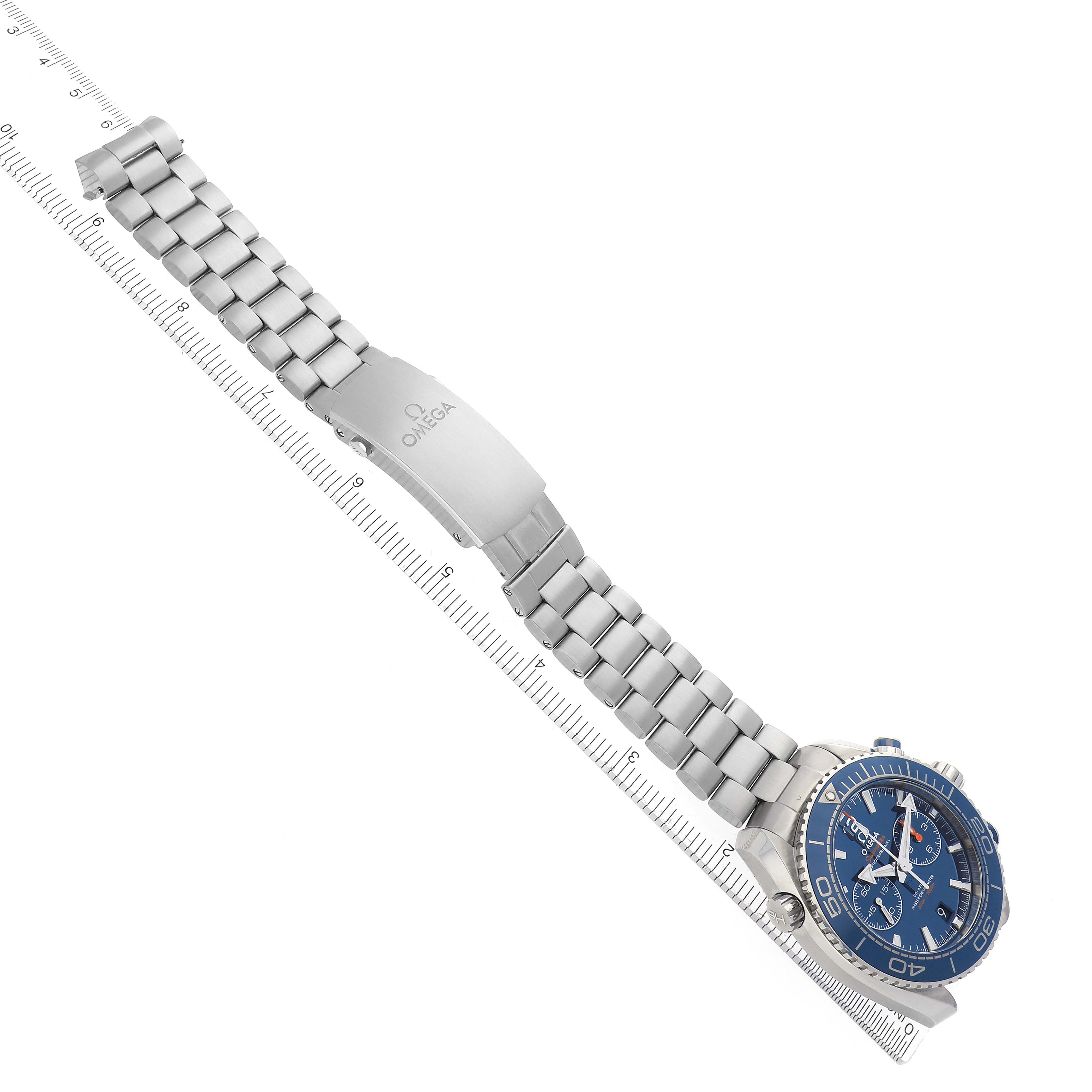 The Omega Planet Ocean 215.30.46.51.03.001 Men
s Stainless Steel Blue Dial 215.30.46.51.03.001 Men
s Stainless Steel Blue Dial watch is shown from a top-down angle, highlighting the face, bezel, and bracelet with clasp.