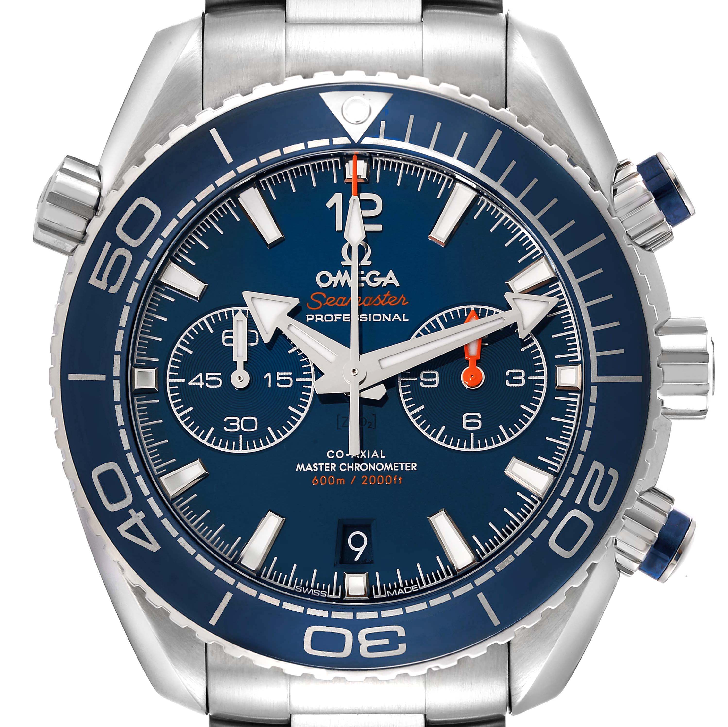 The Omega Planet Ocean 215.30.46.51.03.001 Men
s Stainless Steel Blue Dial watch is shown from a front angle, highlighting the dial, bezel, and chronograph subdials.