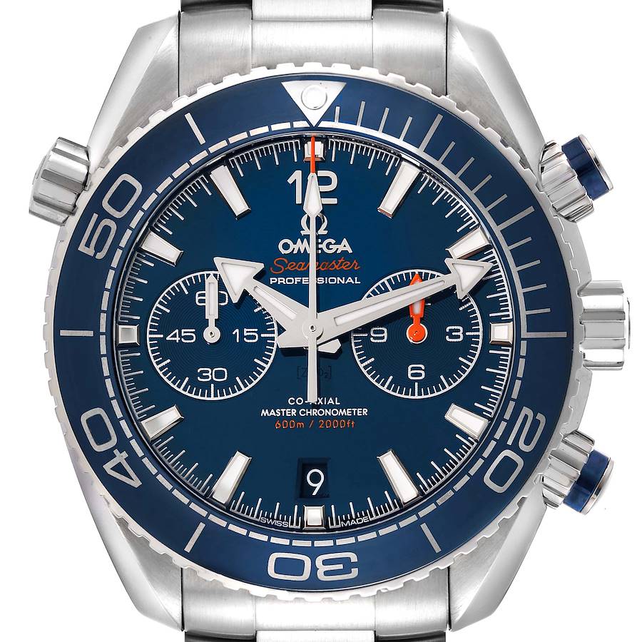 The Omega Planet Ocean 215.30.46.51.03.001 Men's Stainless Steel Blue Dial watch is shown from a front angle, highlighting the dial, bezel, and chronograph subdials.