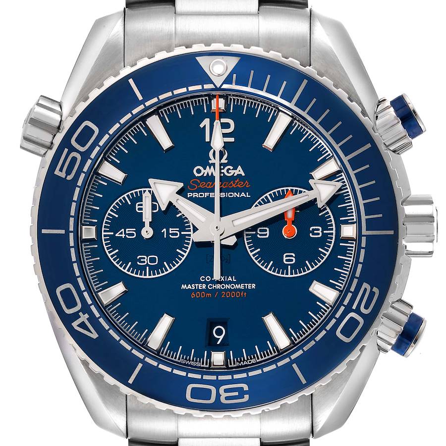 The Omega Planet Ocean watch is shown from a front angle, displaying the dial, bezel, and pushers.