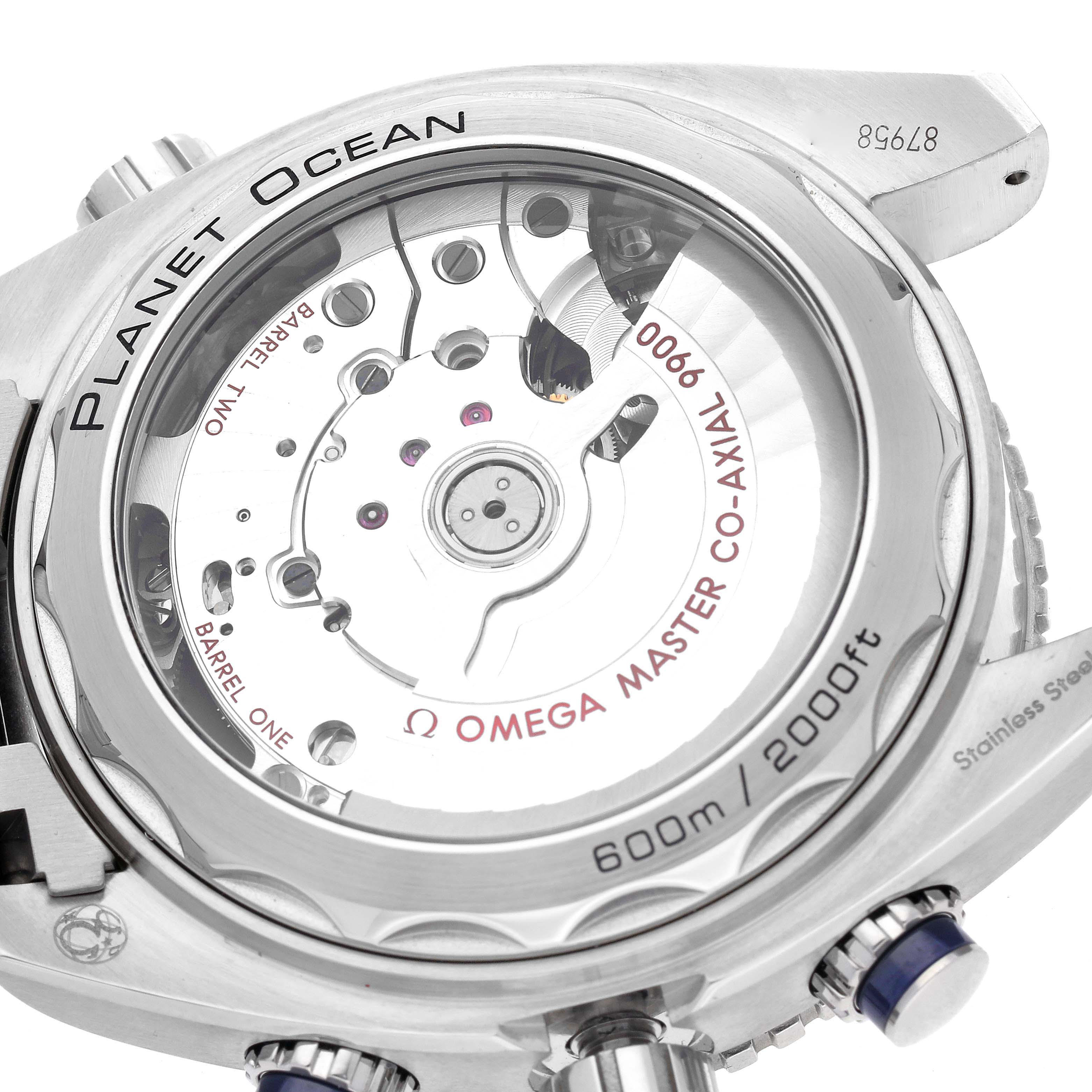 The image shows the case back of an Omega Planet Ocean 215.30.46.51.03.001 Men
s Stainless Steel Blue Dial 215.30.46.51.03.001 Men
s Stainless Steel Blue Dial, displaying the movement and engraved details.