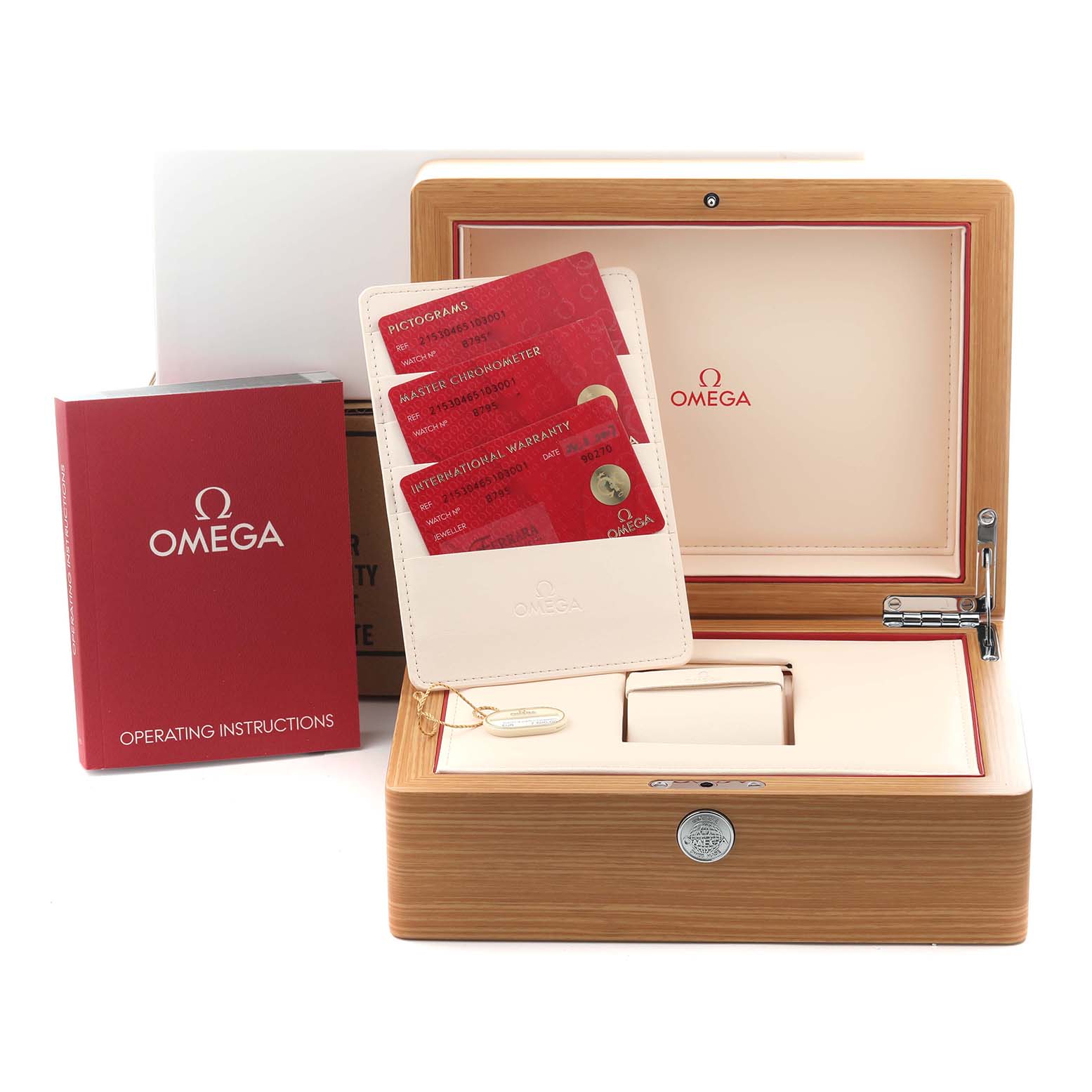 The image shows the Omega Planet Ocean 215.30.46.51.03.001 Men
s Stainless Steel Blue Dial 215.30.46.51.03.001 Men
s Stainless Steel Blue Dial accessories, including the watch box, operating instructions, and warranty cards.