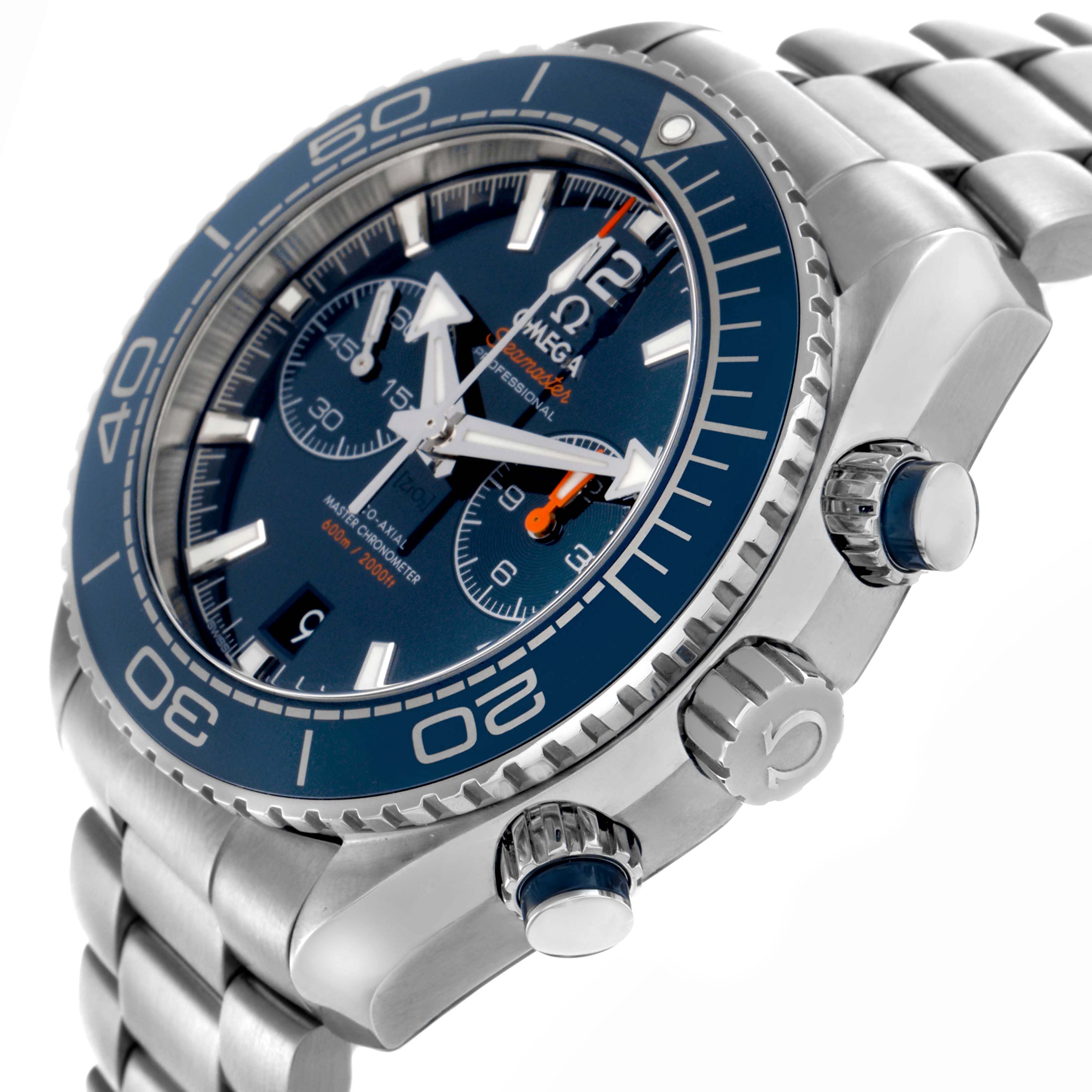 The Omega Planet Ocean 215.30.46.51.03.001 Men
s Stainless Steel Blue Dial watch is shown at an angled view highlighting the dial, bezel, crown, and pushers.