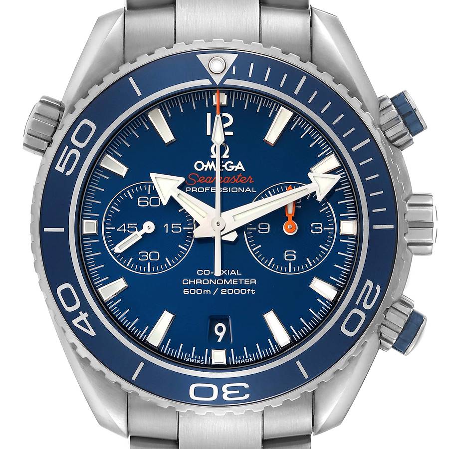 The Omega Planet Ocean watch is shown from a front angle, featuring its dial, bezel, pushers, and crown.