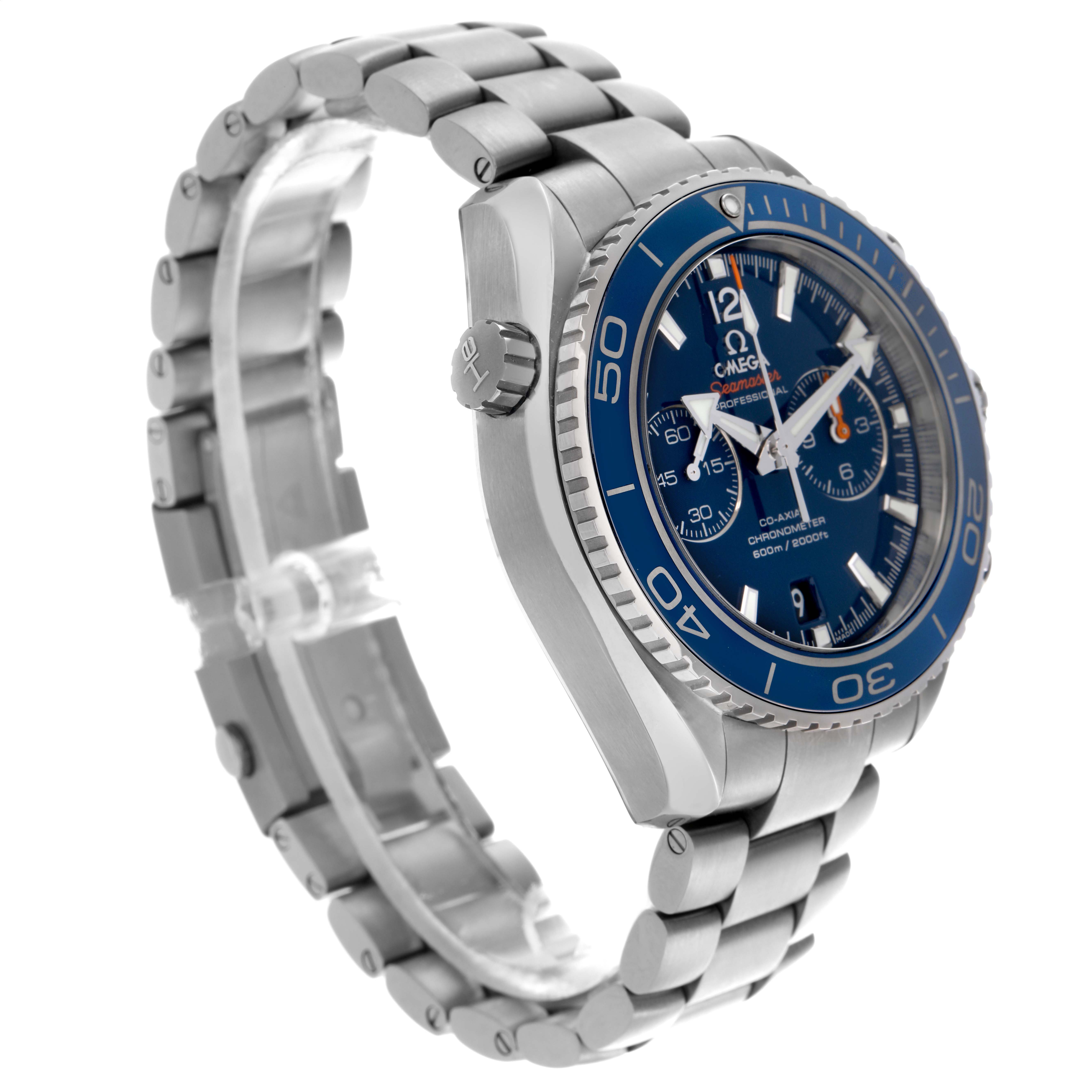 The Omega Planet Ocean 232.90.46.51.03.001 Men
s Titanium Blue Dial 232.90.46.51.03.001 Men
s Titanium Blue Dial watch is shown from a side angle, highlighting the bezel, dial, casing, and metal bracelet.