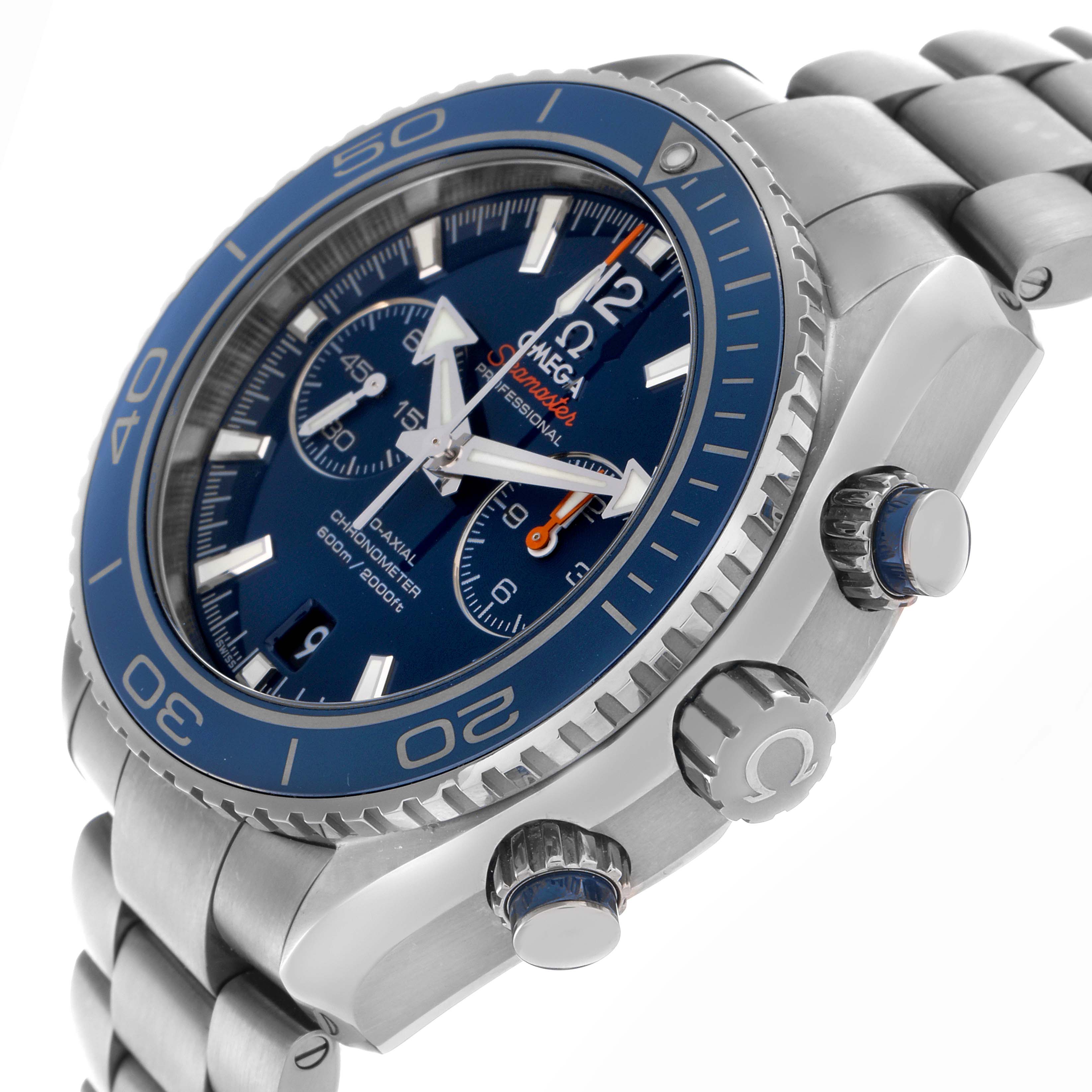 The Omega Planet Ocean 232.90.46.51.03.001 Men
s Titanium Blue Dial 232.90.46.51.03.001 Men
s Titanium Blue Dial watch is shown at an angle displaying the face, bezel, crown, and bracelet.