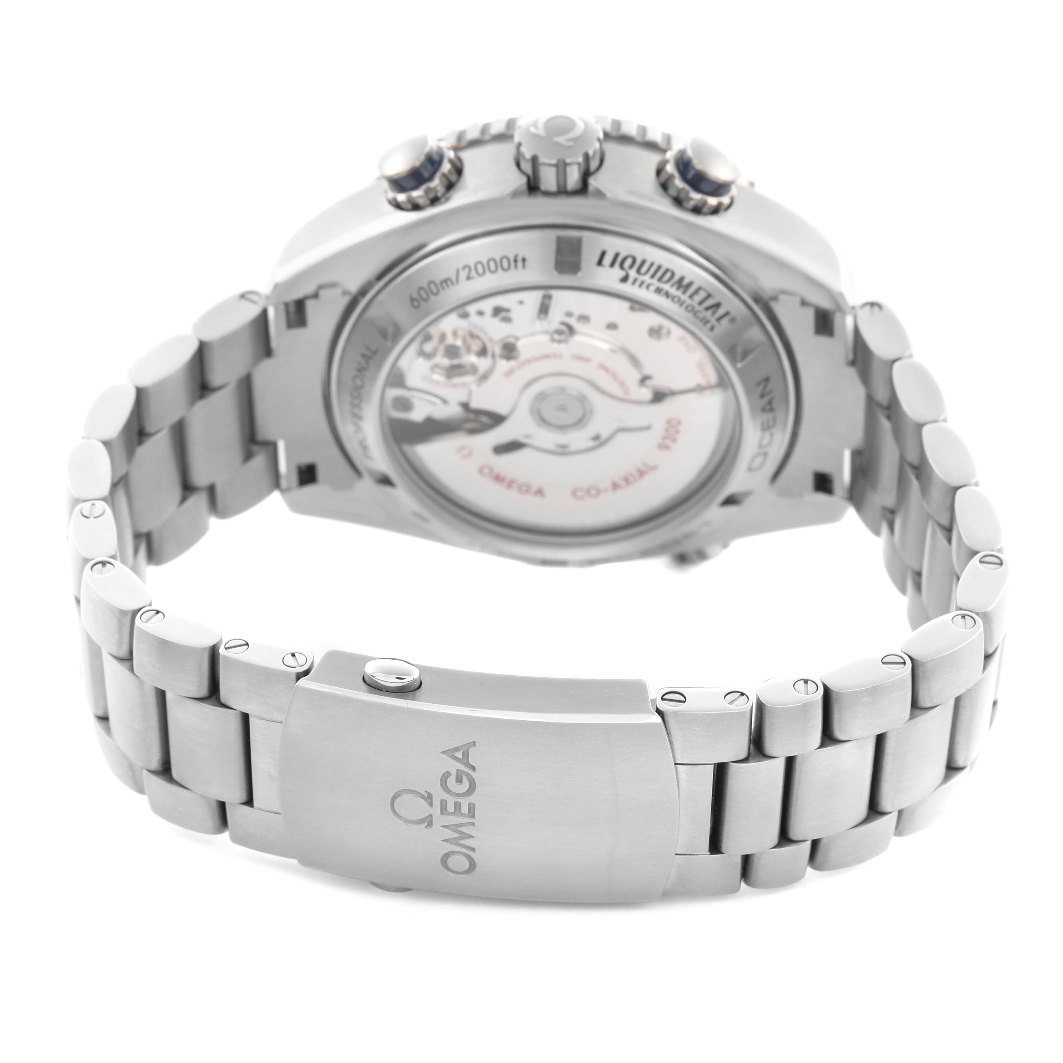 The Omega Planet Ocean 232.90.46.51.03.001 Men
s Titanium Blue Dial 232.90.46.51.03.001 Men
s Titanium Blue Dial watch is shown from the back, highlighting the bracelet, clasp, and transparent case back.