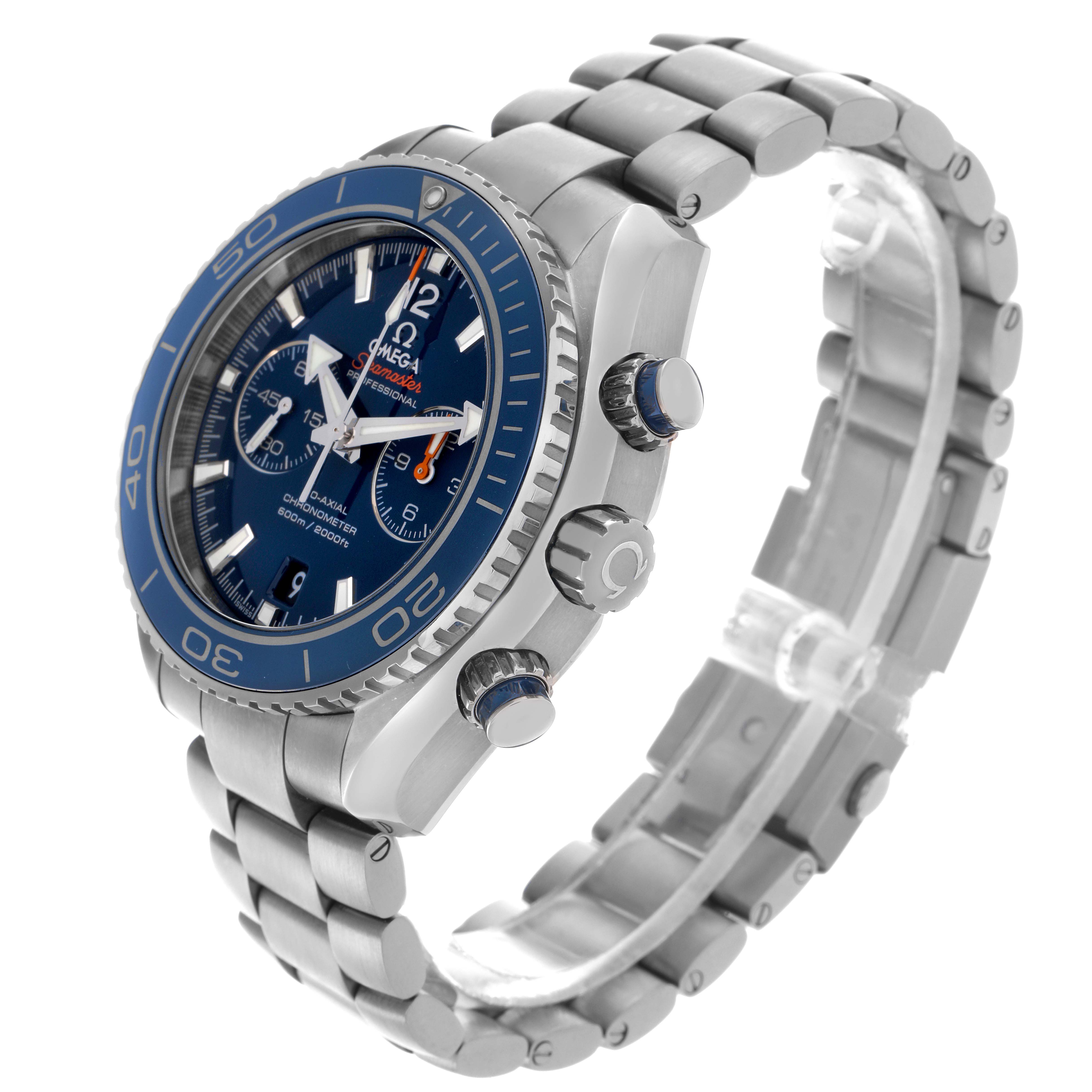 The Omega Planet Ocean 232.90.46.51.03.001 Men
s Titanium Blue Dial 232.90.46.51.03.001 Men
s Titanium Blue Dial watch is angled slightly above and to the side, showing the face, crown, and bracelet.
