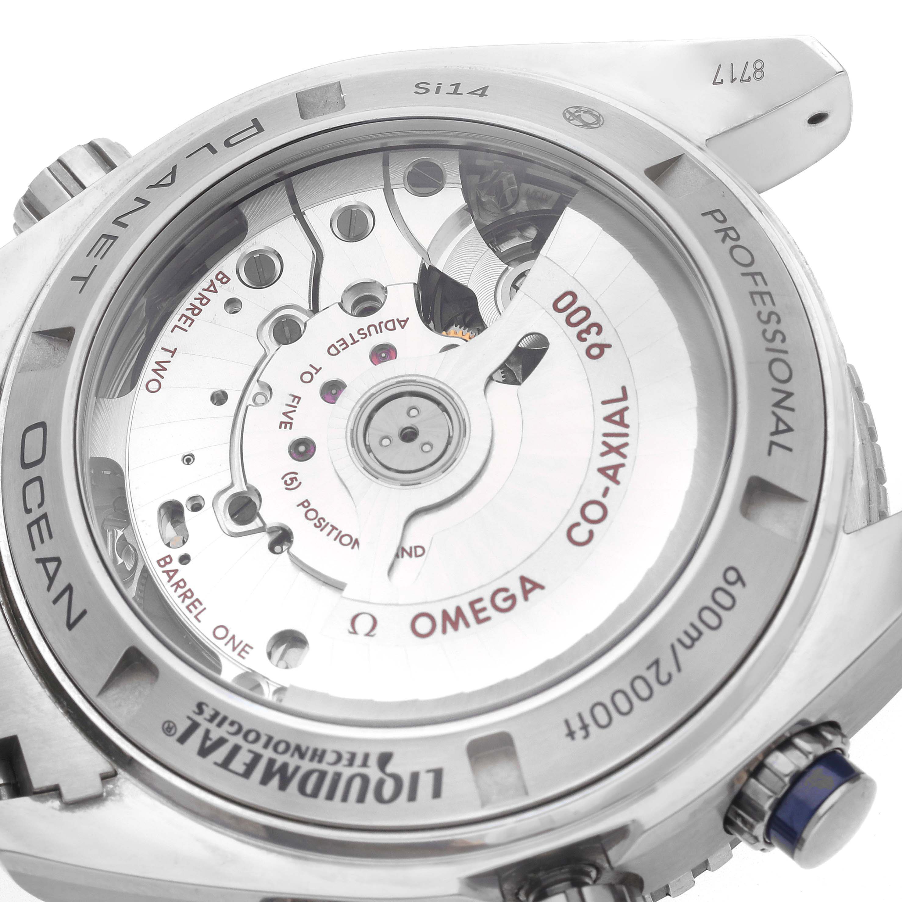 The image shows the back case of the Omega Planet Ocean 232.90.46.51.03.001 Men
s Titanium Blue Dial 232.90.46.51.03.001 Men
s Titanium Blue Dial, highlighting the Co-Axial movement and internal mechanisms.