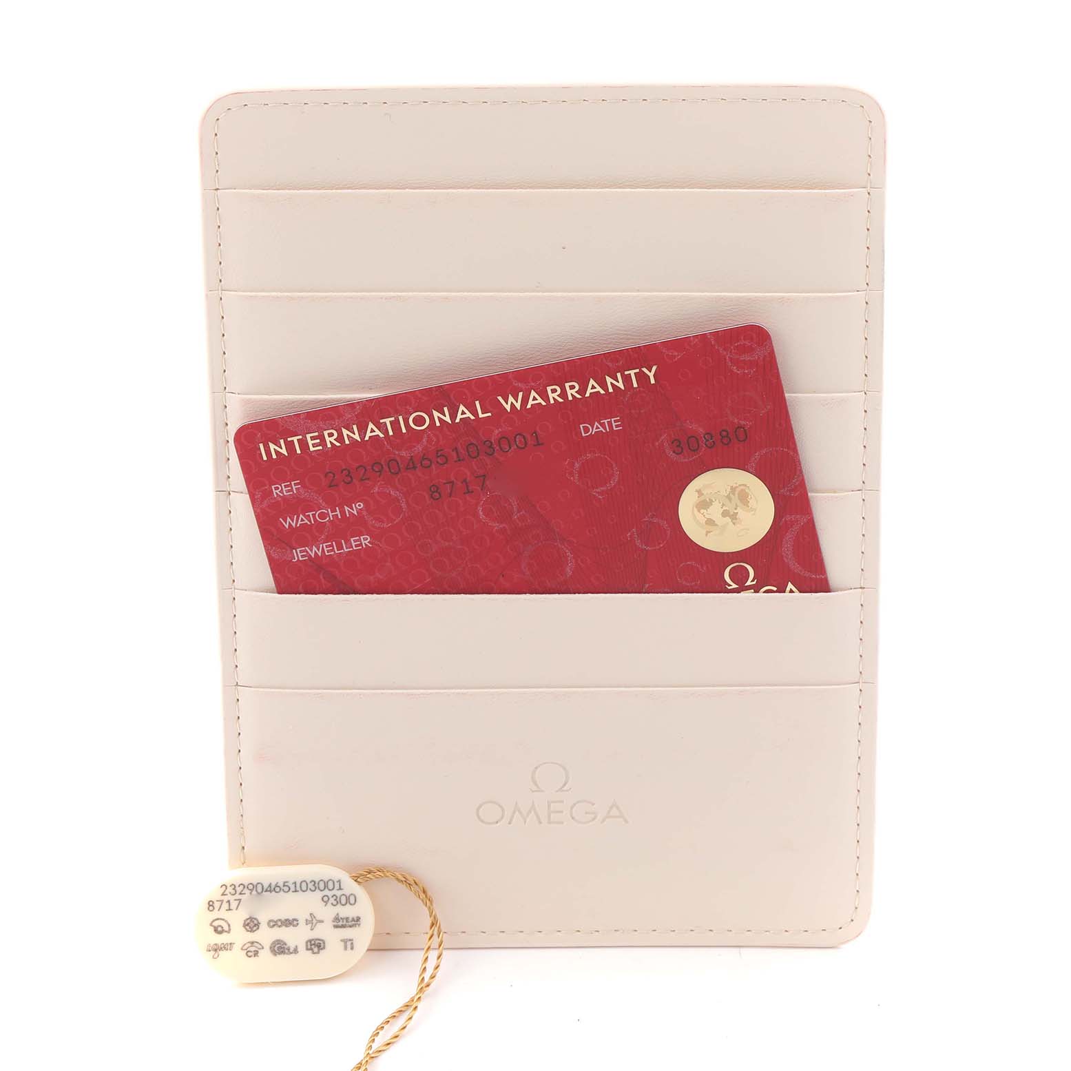 The image shows the International Warranty card and a tag for the Omega Planet Ocean 232.90.46.51.03.001 Men
s Titanium Blue Dial 232.90.46.51.03.001 Men
s Titanium Blue Dial watch.