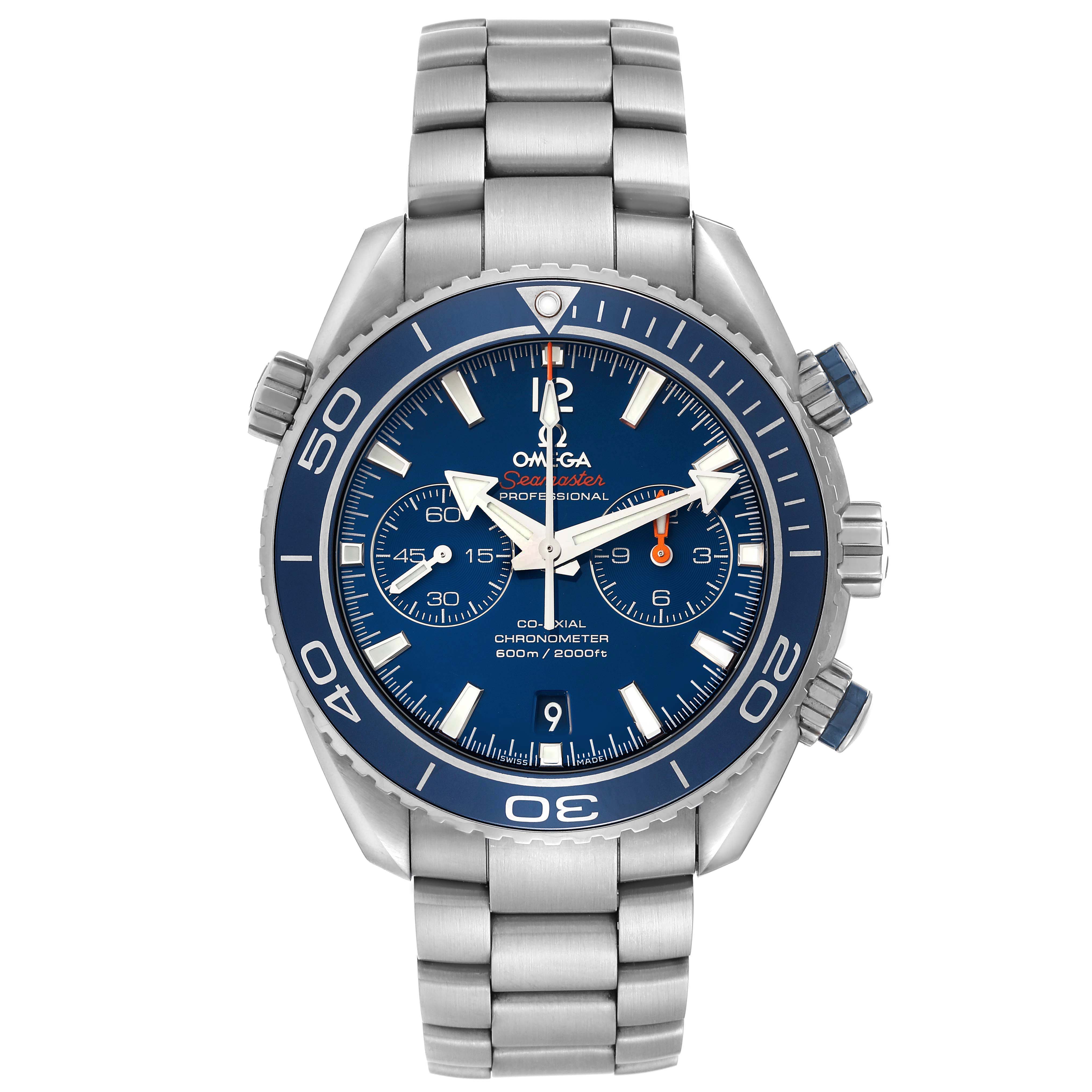 The Omega Planet Ocean 232.90.46.51.03.001 Men
s Titanium Blue Dial 232.90.46.51.03.001 Men
s Titanium Blue Dial watch is shown from a front angle, displaying its face, bezel, crown, and bracelet.