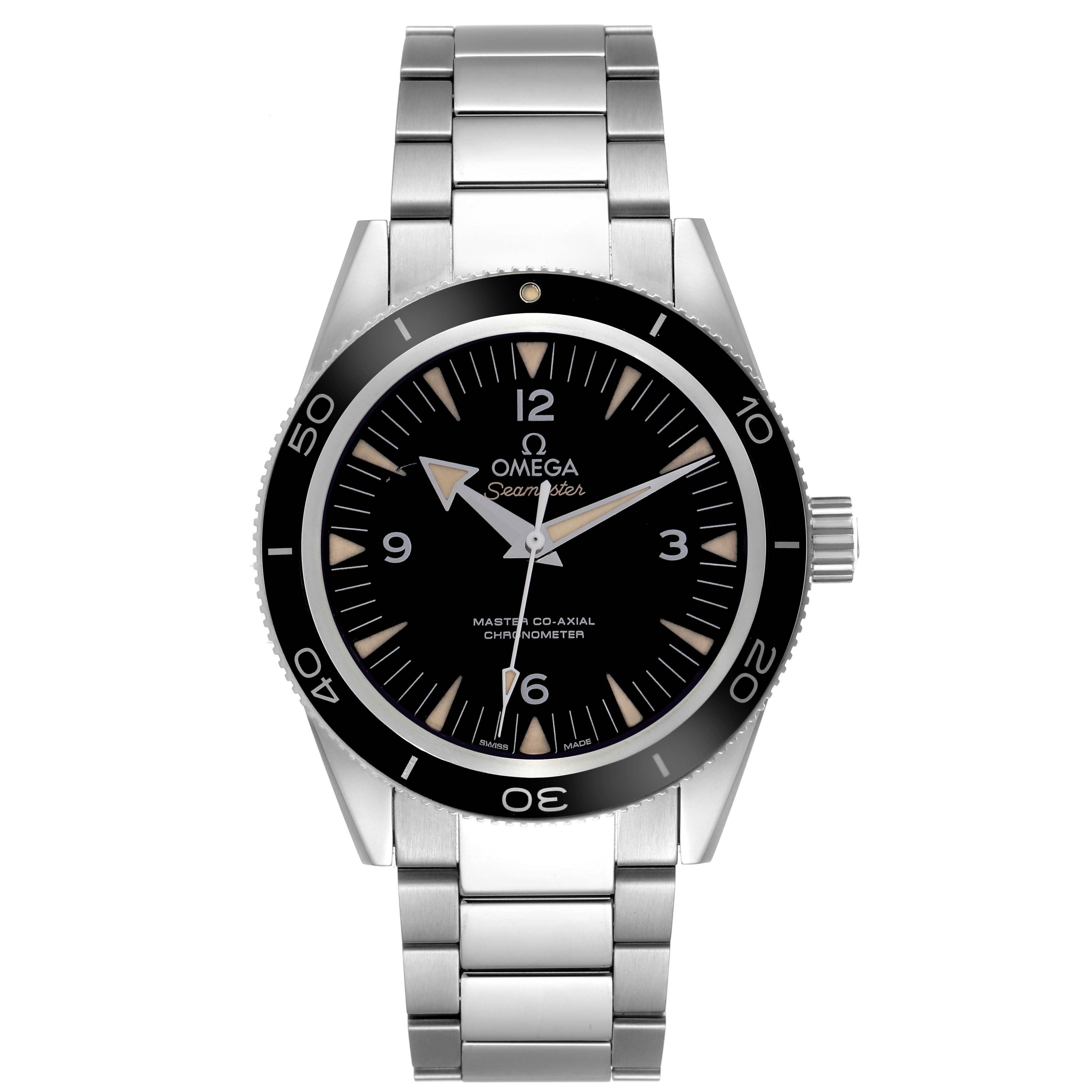 The Omega Seamaster 233.30.41.21.01.001 Men
s Stainless Steel Black Dial 233.30.41.21.01.001 Men
s Stainless Steel Black Dial watch is shown from the front, displaying the face, bezel, case, and bracelet.