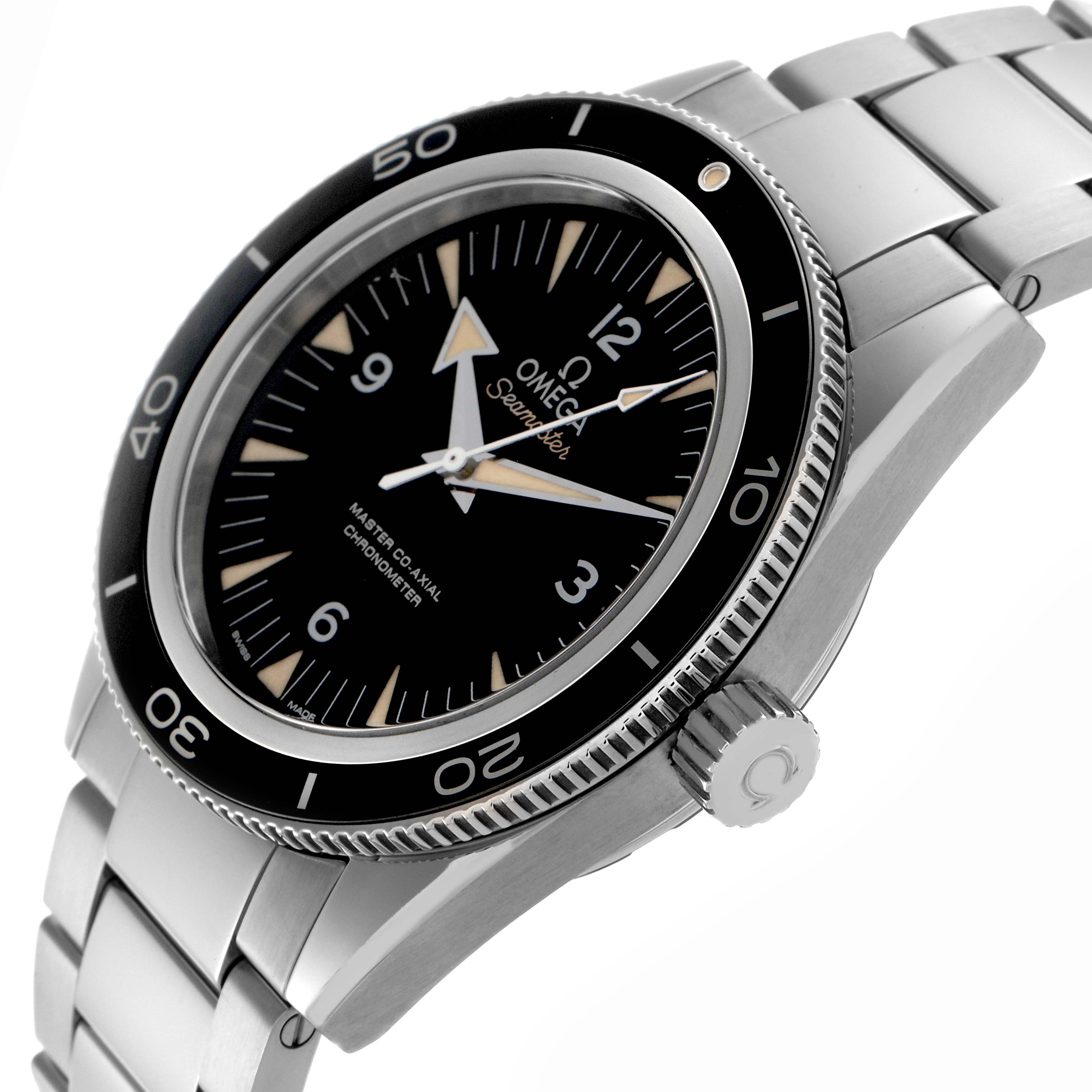 The Omega Seamaster 233.30.41.21.01.001 Men
s Stainless Steel Black Dial 233.30.41.21.01.001 Men
s Stainless Steel Black Dial watch is shown from a three-quarter angle, highlighting the bezel, dial, and bracelet.