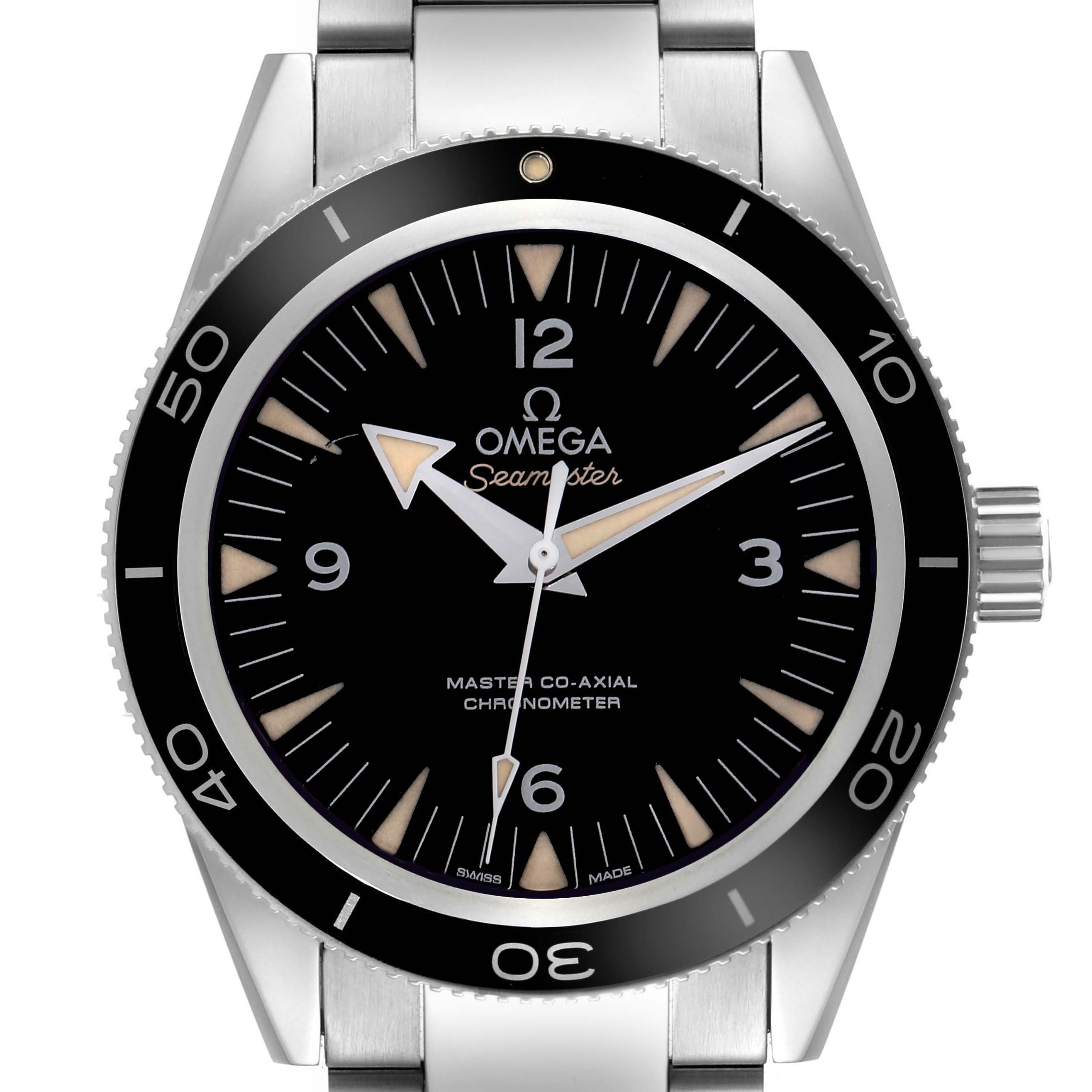 The Omega Seamaster 233.30.41.21.01.001 Men
s Stainless Steel Black Dial 233.30.41.21.01.001 Men
s Stainless Steel Black Dial is shown from a front angle, highlighting its black dial, bezel, and bracelet.