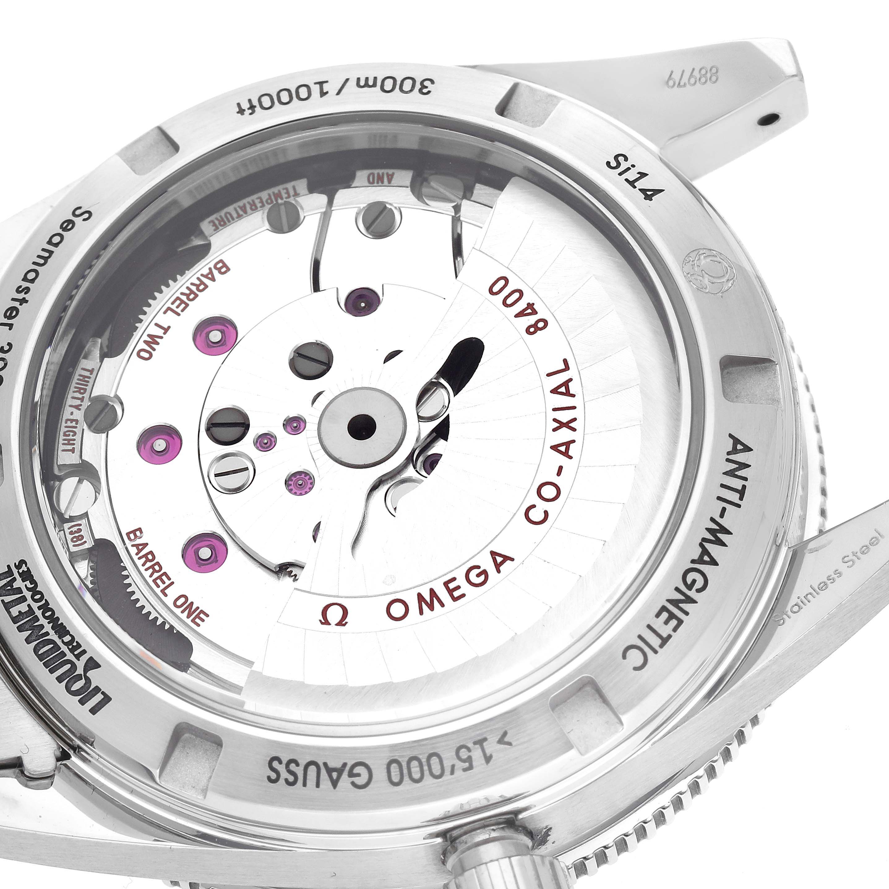 The image shows the back of an Omega Seamaster 233.30.41.21.01.001 Men
s Stainless Steel Black Dial 233.30.41.21.01.001 Men
s Stainless Steel Black Dial, highlighting its co-axial 8400 movement through a transparent case back.