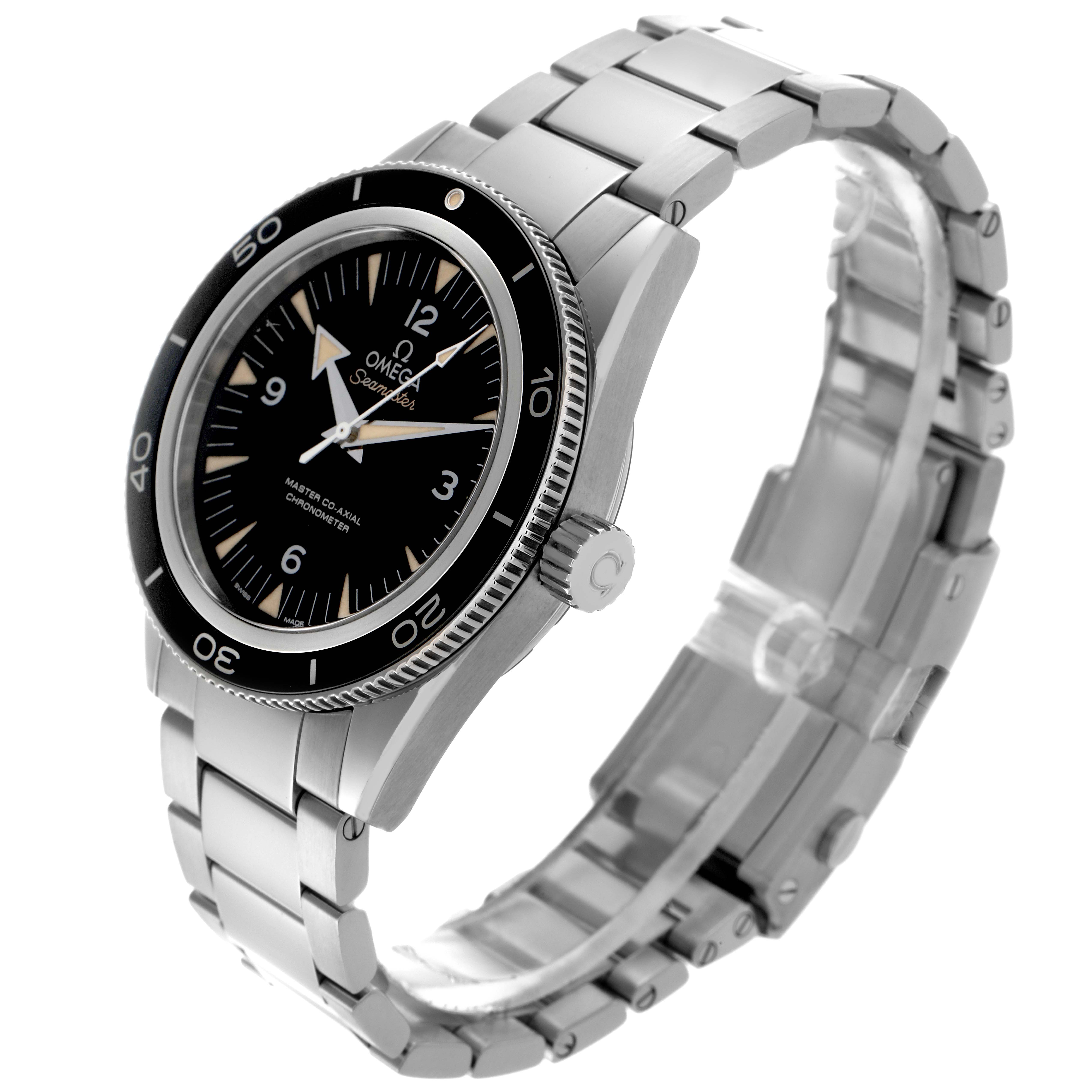The Omega Seamaster 233.30.41.21.01.001 Men
s Stainless Steel Black Dial 233.30.41.21.01.001 Men
s Stainless Steel Black Dial watch is shown at a three-quarter angle, highlighting the face, bezel, crown, and stainless steel bracelet.