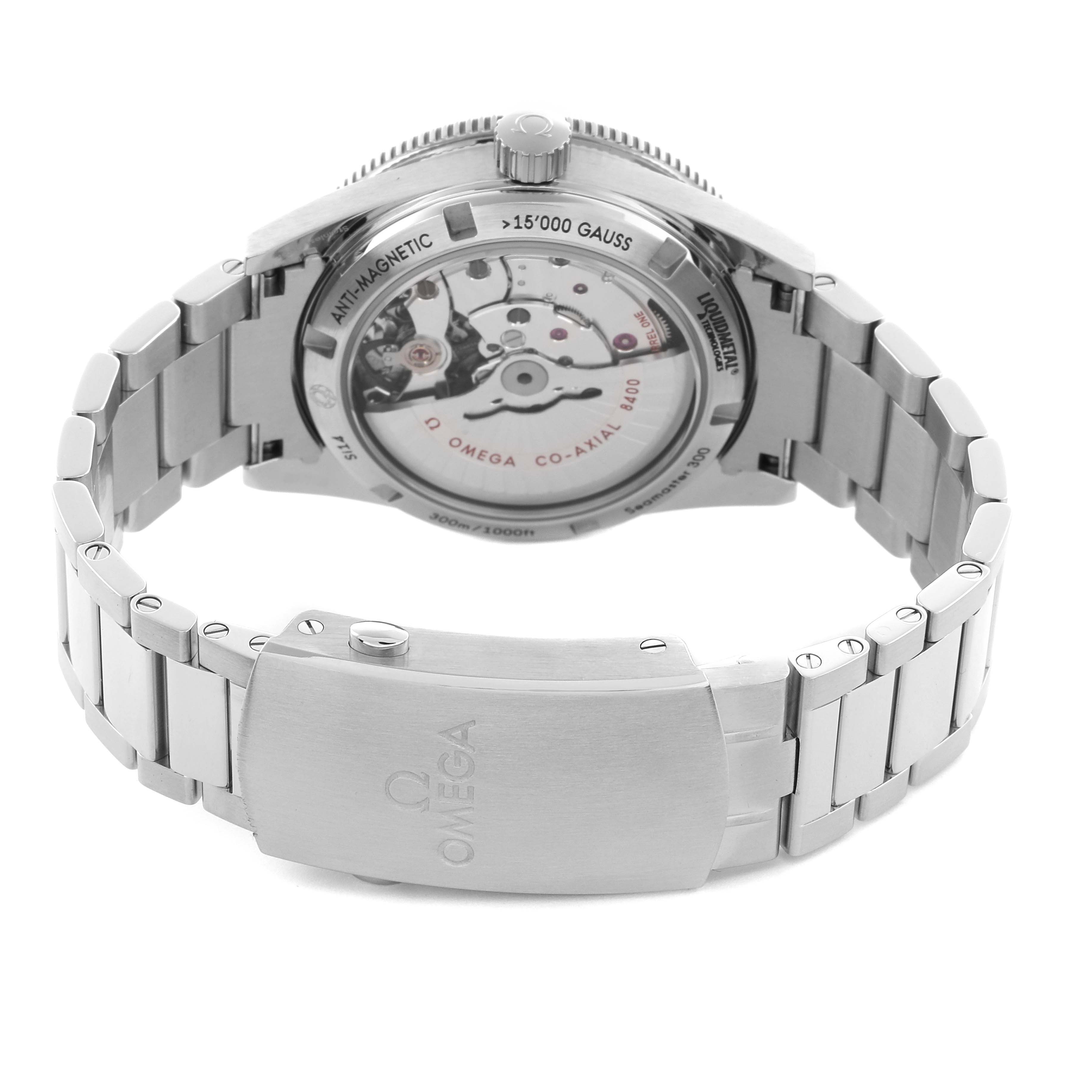 The Omega Seamaster 233.30.41.21.01.001 Men
s Stainless Steel Black Dial 233.30.41.21.01.001 Men
s Stainless Steel Black Dial is shown from the rear, highlighting its exhibition case back, rotor, and stainless steel bracelet.