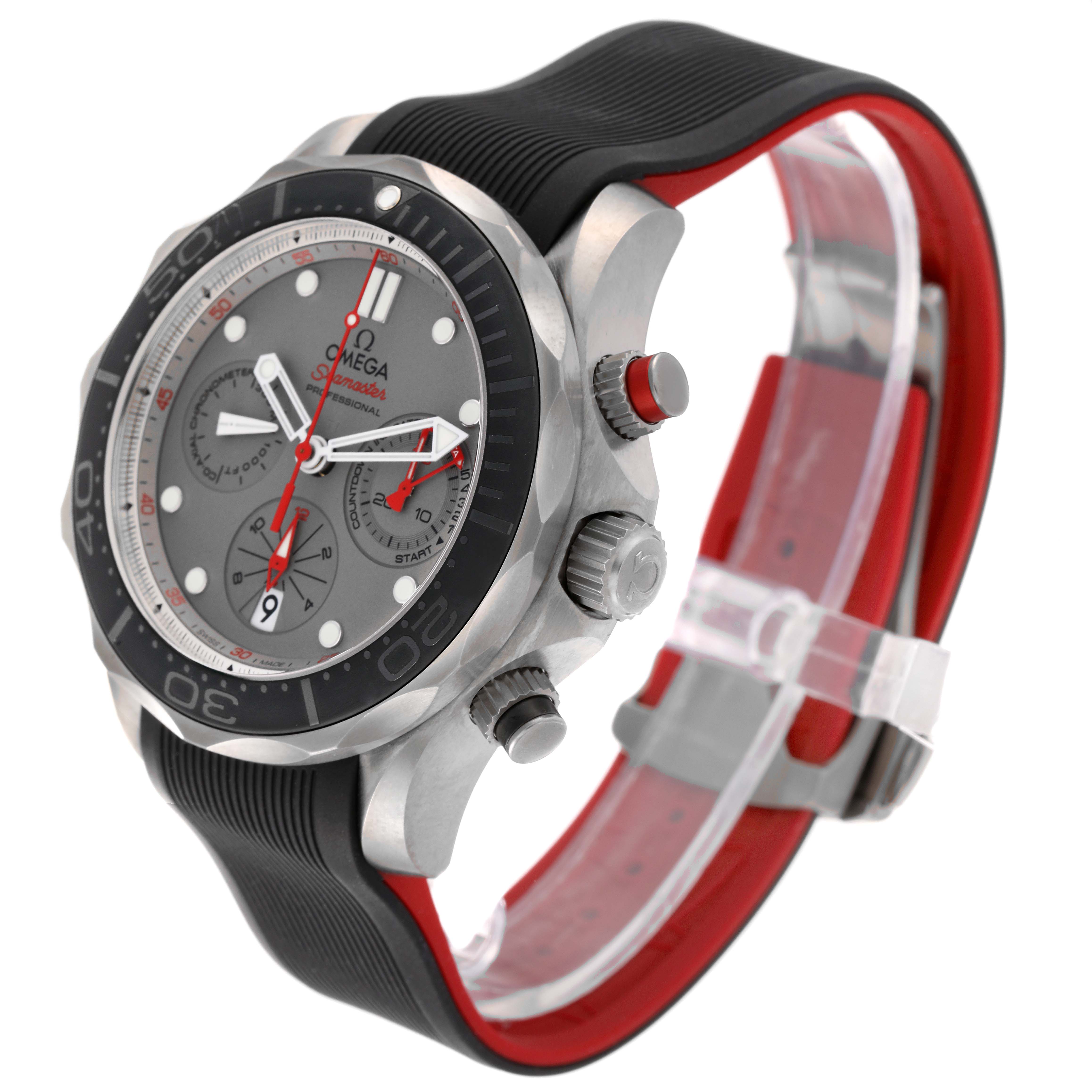 The image shows a side angle of the Omega Seamaster 212.92.44.50.99.001 Men's Titanium Grey Dial 212.92.44.50.99.001 Men's Titanium Grey Dial watch emphasizing the bezel, crown, pushers, dial, and black rubber strap.