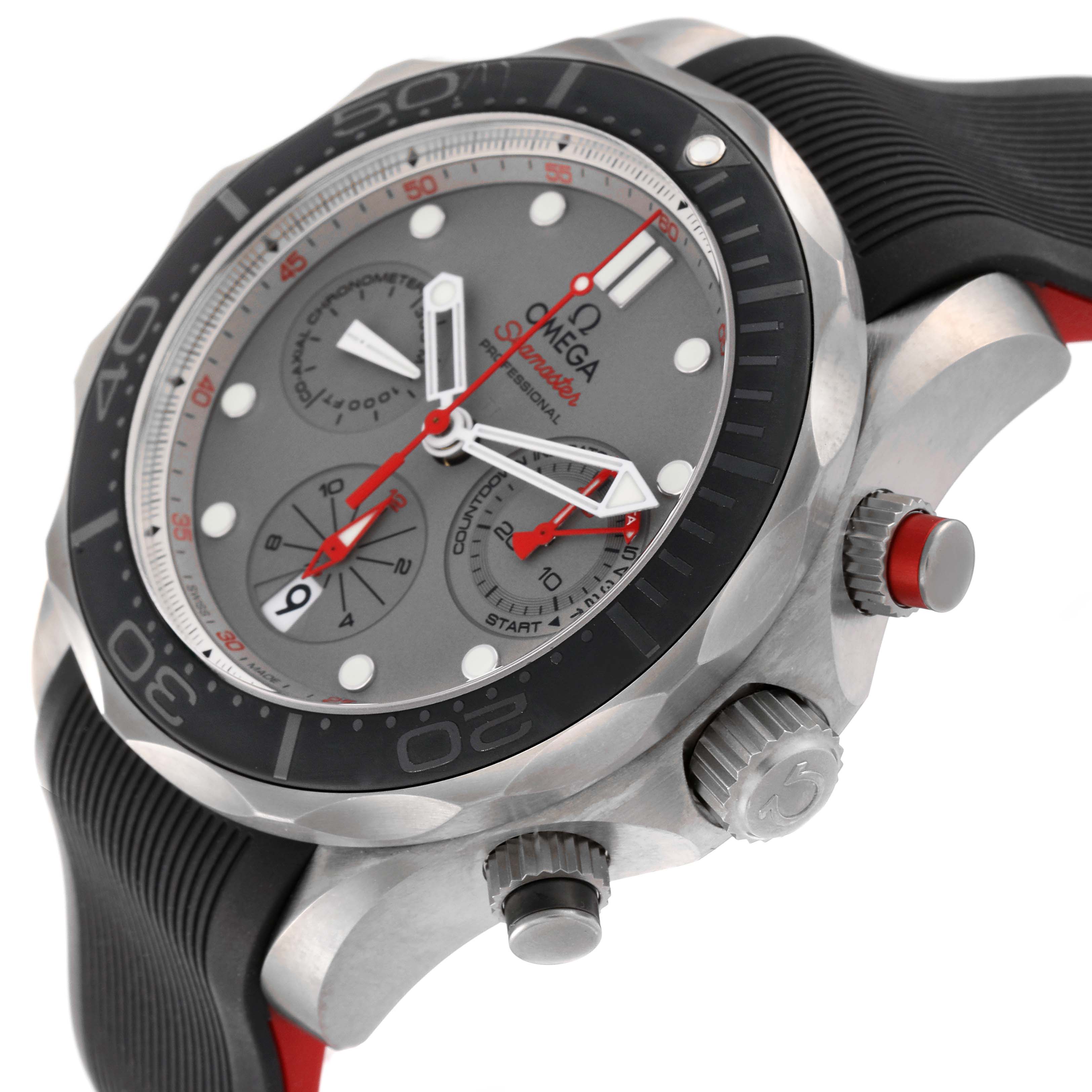 This Omega Seamaster 212.92.44.50.99.001 Men's Titanium Grey Dial 212.92.44.50.99.001 Men's Titanium Grey Dial watch is shown at an oblique angle highlighting the dial, bezel, pushers, and part of the strap.