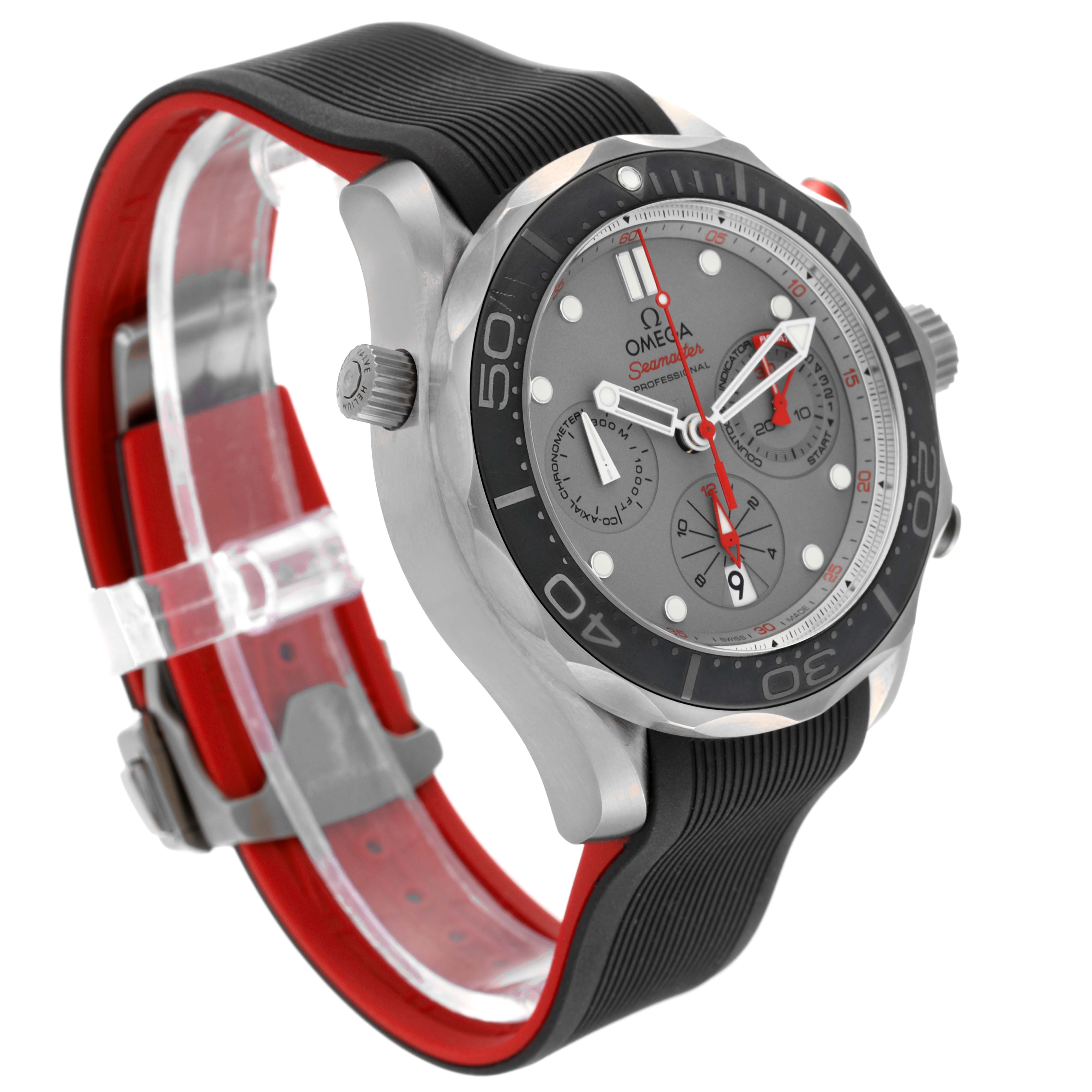 The Omega Seamaster 212.92.44.50.99.001 Men's Titanium Grey Dial 212.92.44.50.99.001 Men's Titanium Grey Dial watch is shown at an angle displaying its gray dial, black bezel, crown, chronograph subdials, and black-red strap.