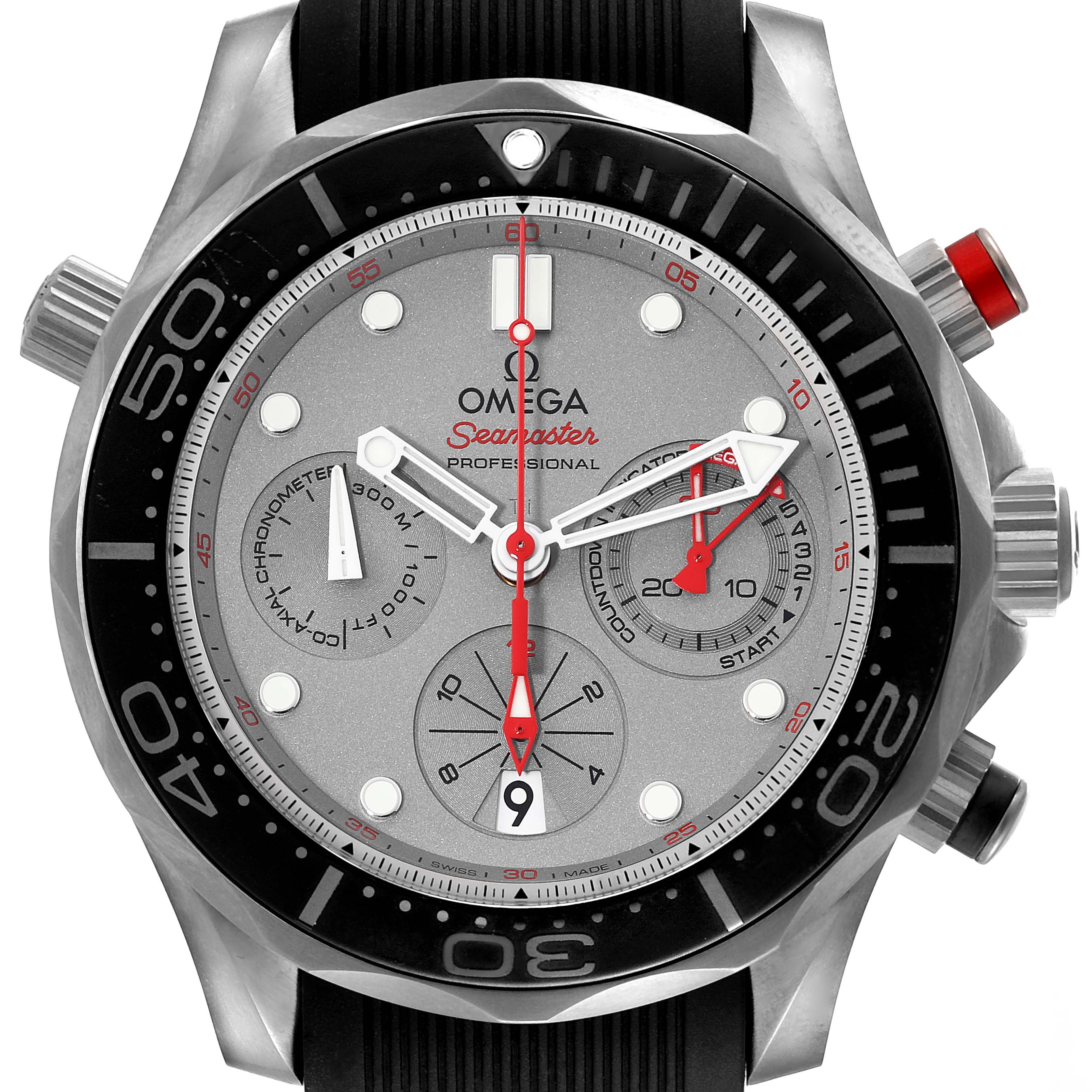 The image shows a frontal view of an Omega Seamaster 212.92.44.50.99.001 Men's Titanium Grey Dial 212.92.44.50.99.001 Men's Titanium Grey Dial watch, displaying its dial, bezel, and chronograph functions.