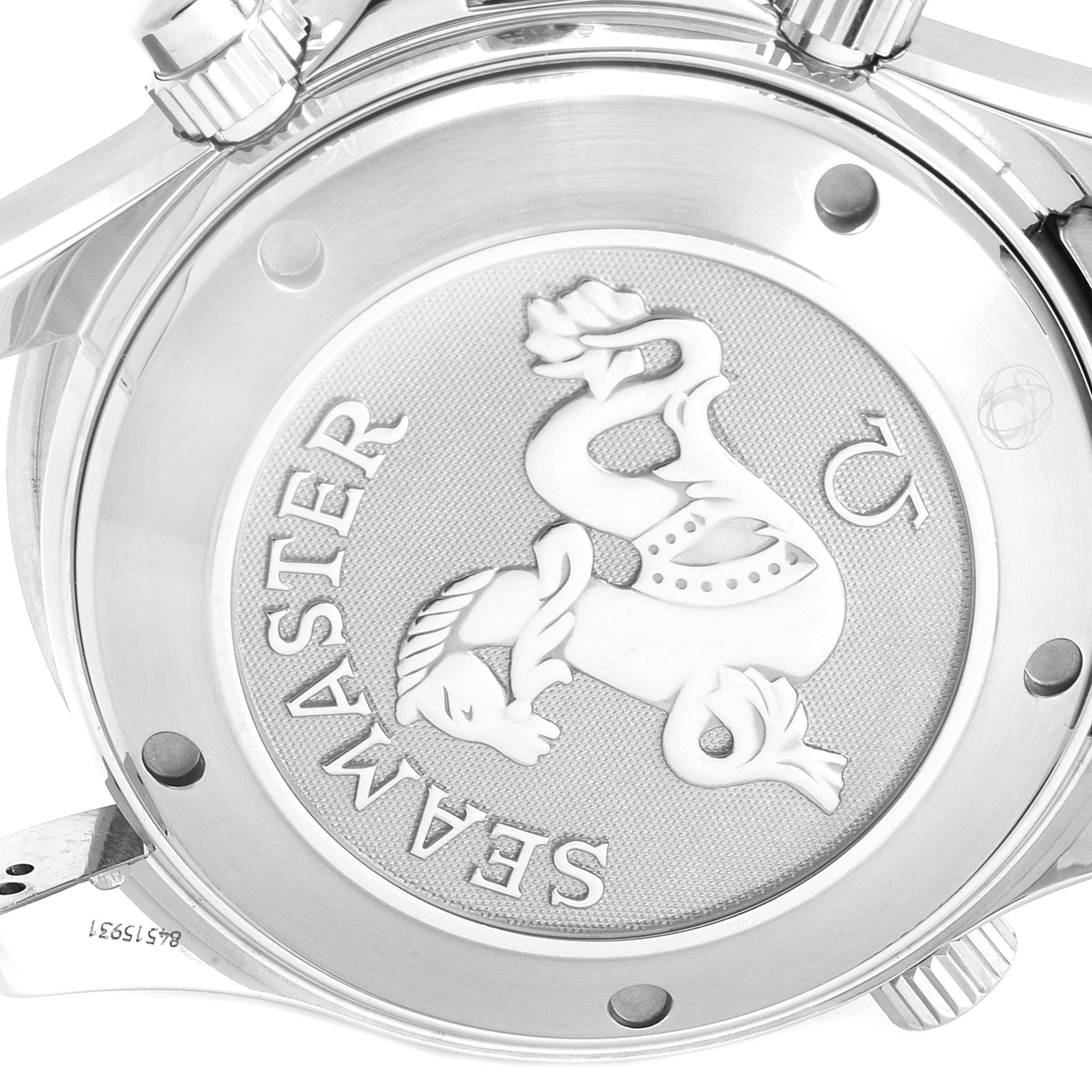 This image shows the case back of an Omega Seamaster 2225.80.00 Men
s Stainless Steel Blue Dial 2225.80.00 Men
s Stainless Steel Blue Dial watch at a close-up angle.