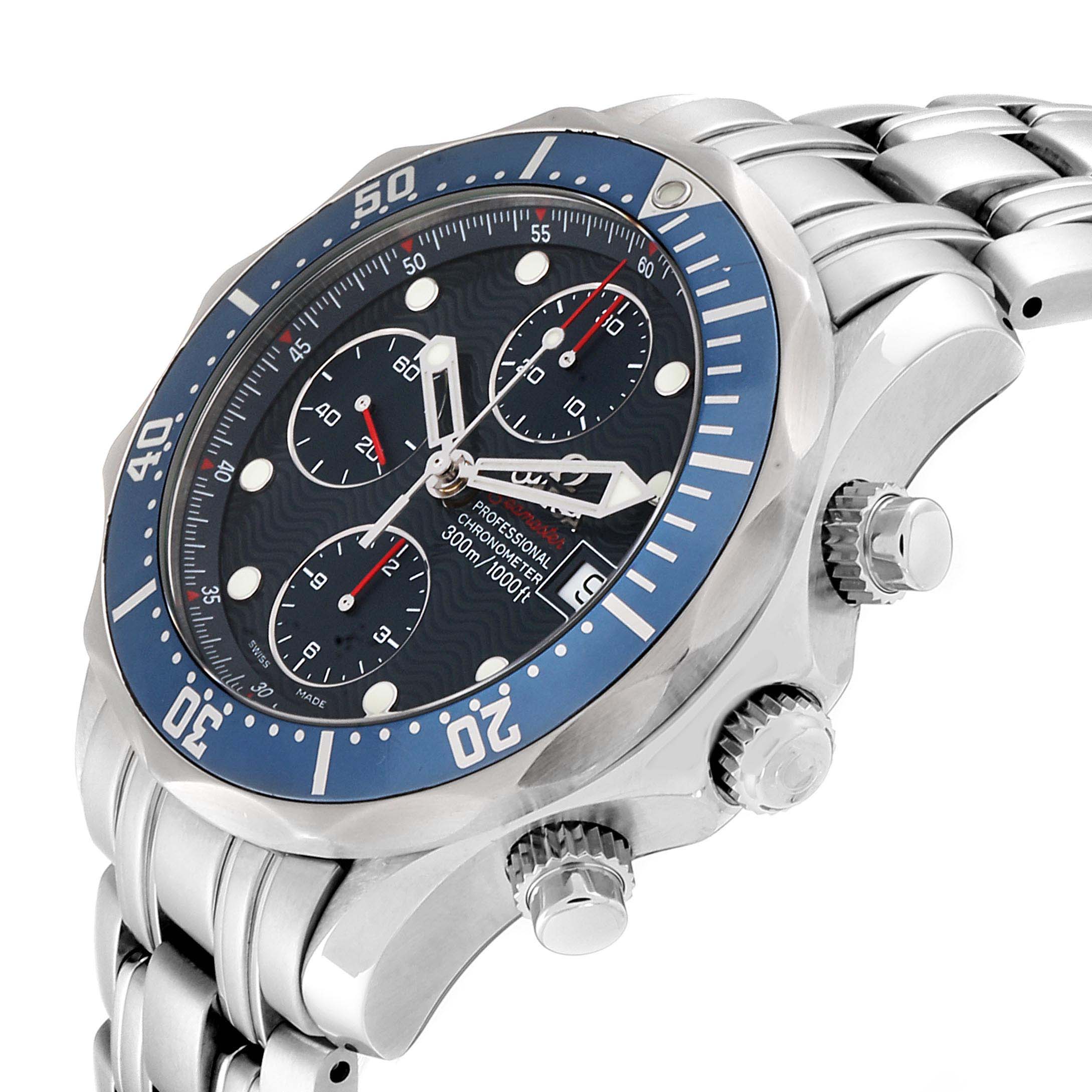 This is an angled view showing the face, bezel, crown, and buttons of the Omega Seamaster 2225.80.00 Men
s Stainless Steel Blue Dial 2225.80.00 Men
s Stainless Steel Blue Dial watch.