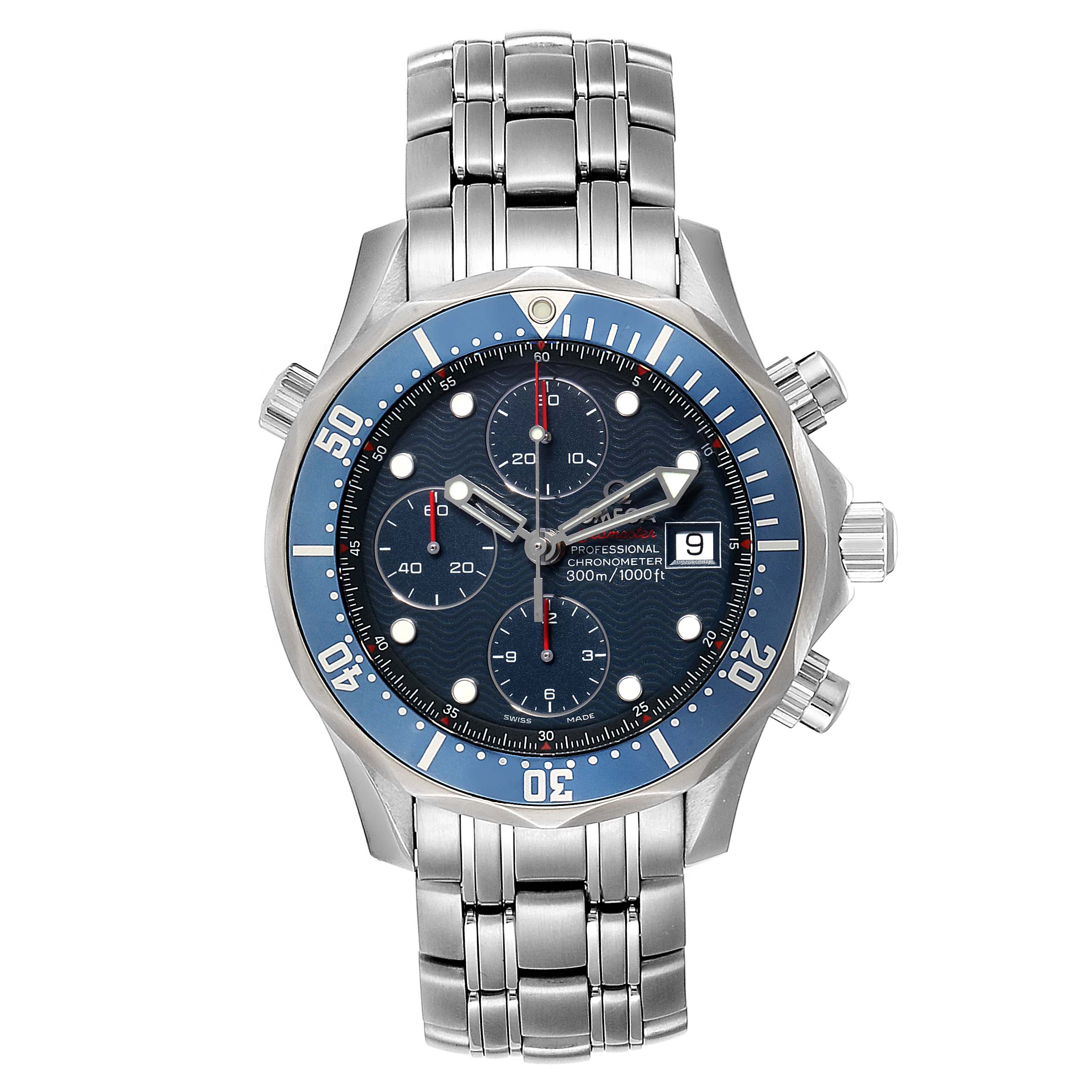 The image shows a front view of an Omega Seamaster 2225.80.00 Men
s Stainless Steel Blue Dial 2225.80.00 Men
s Stainless Steel Blue Dial watch, displaying its bezel, dial, subdials, hands, and metal bracelet.