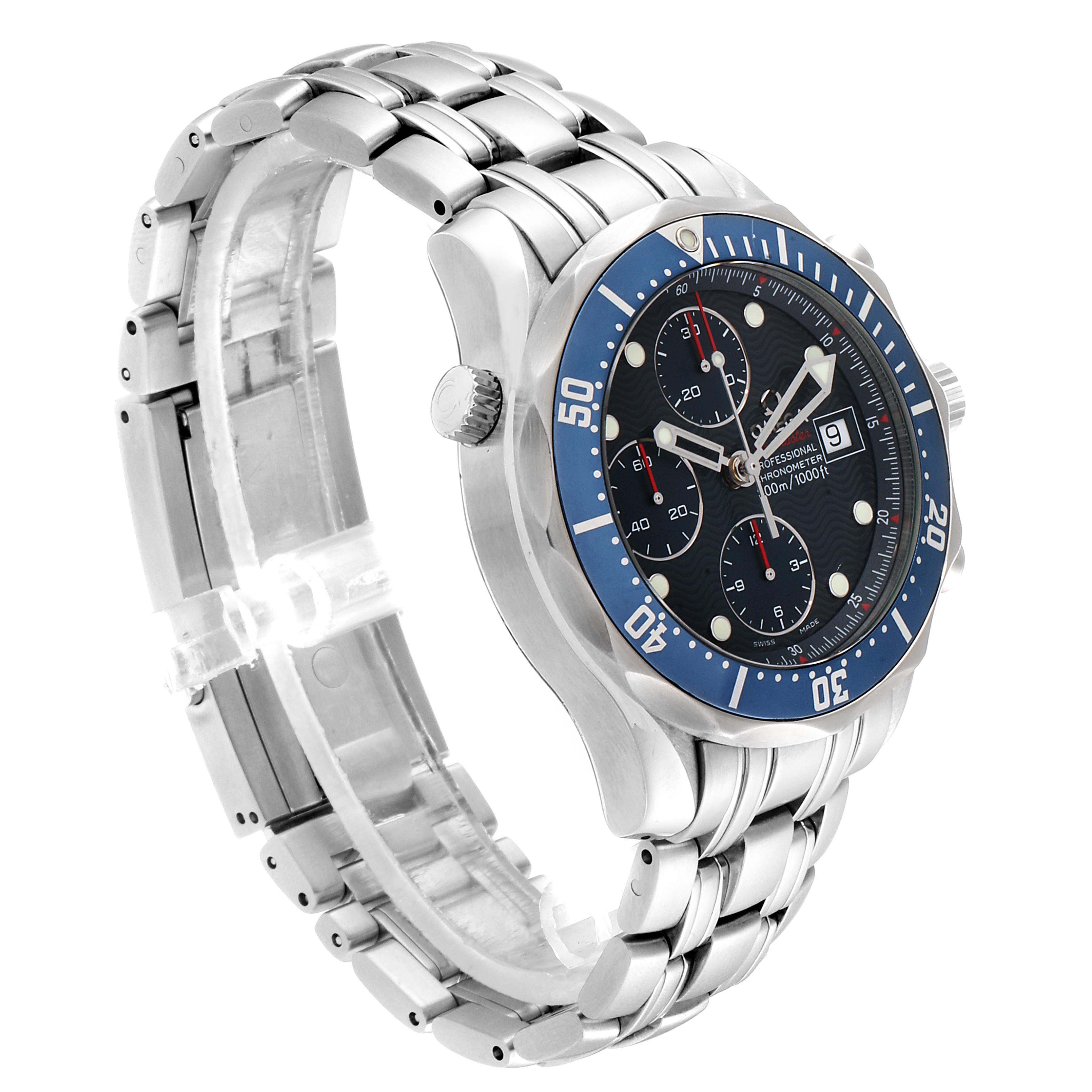 This image shows a right-side angle of the Omega Seamaster 2225.80.00 Men
s Stainless Steel Blue Dial 2225.80.00 Men
s Stainless Steel Blue Dial, highlighting the bezel, dial, crown, and metal bracelet.