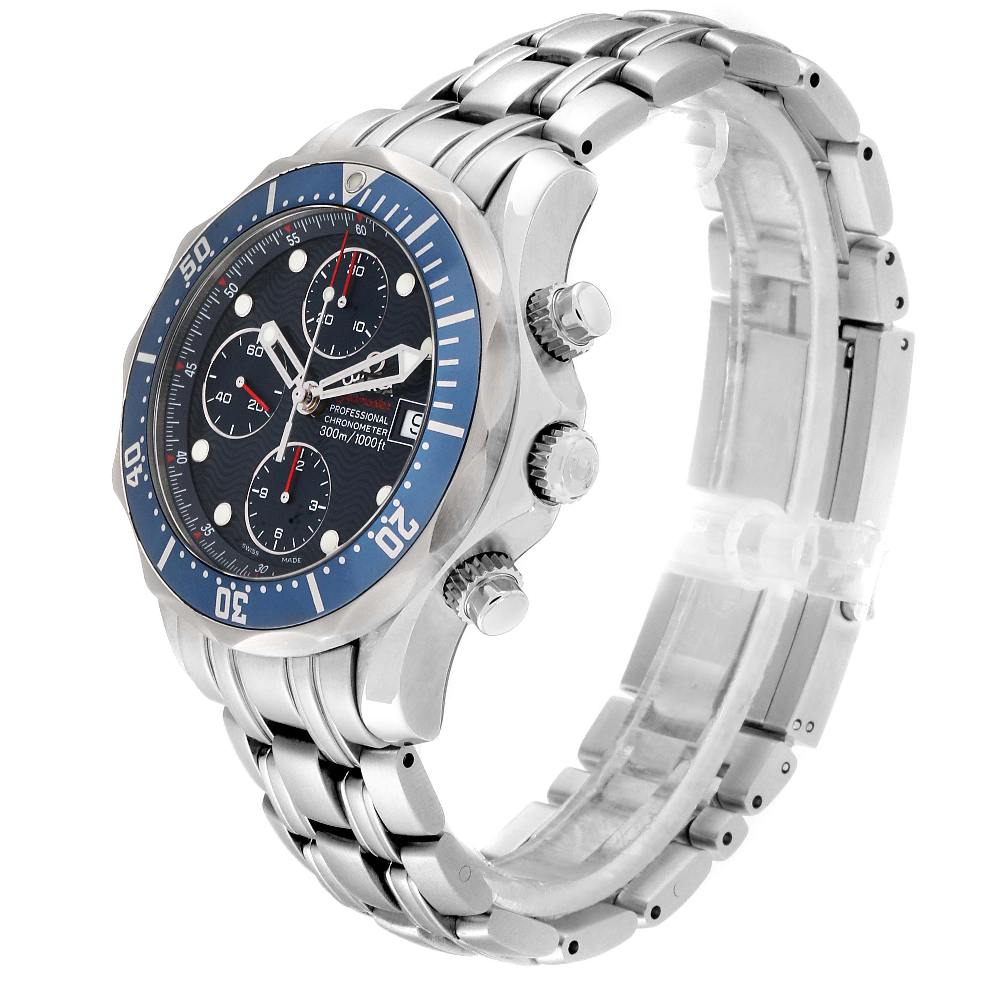 The image shows an Omega Seamaster 2225.80.00 Men
s Stainless Steel Blue Dial 2225.80.00 Men
s Stainless Steel Blue Dial watch at a side angle, highlighting the face, bezel, crown, and metal bracelet.