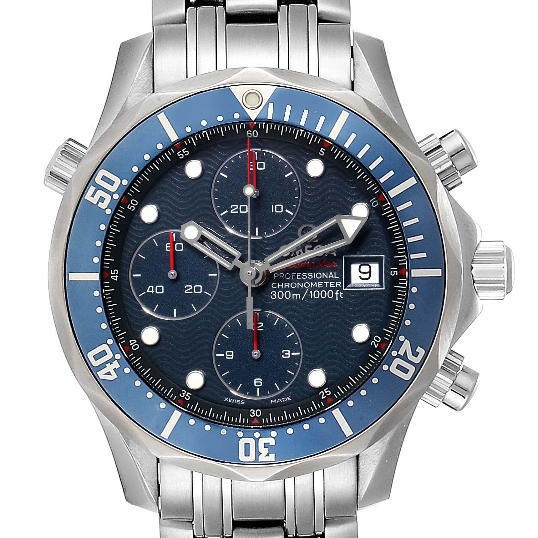 The Omega Seamaster 2225.80.00 Men
s Stainless Steel Blue Dial 2225.80.00 Men
s Stainless Steel Blue Dial watch is shown from the front, detailing the dial, hands, bezel, and parts of the bracelet.
