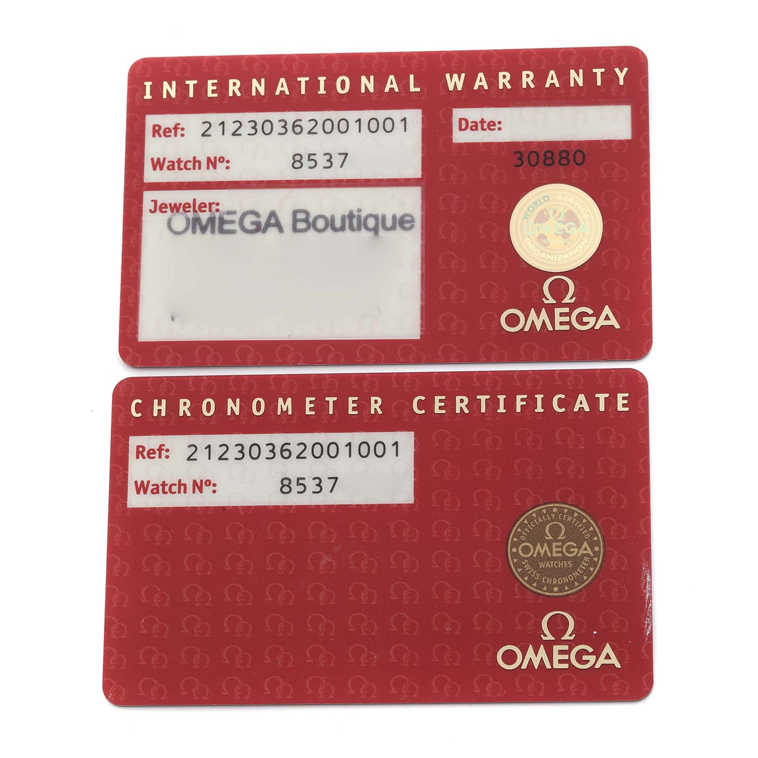 This image shows the International Warranty and Chronometer Certificate cards for the Omega Seamaster 212.30.36.20.01.001 Men
s Stainless Steel Black Dial 212.30.36.20.01.001 Men
s Stainless Steel Black Dial watch model.