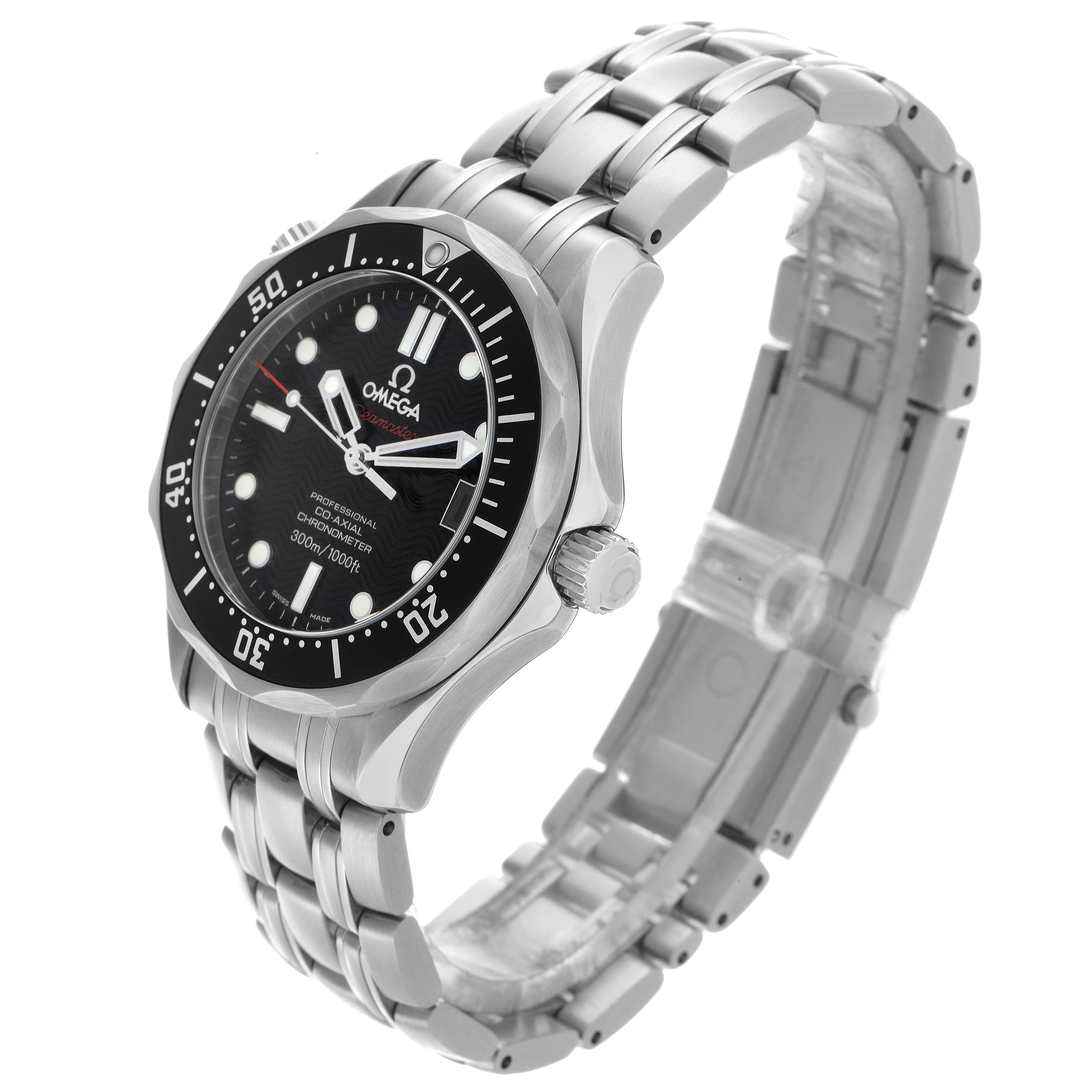 The Omega Seamaster 212.30.36.20.01.001 Men
s Stainless Steel Black Dial 212.30.36.20.01.001 Men
s Stainless Steel Black Dial watch is shown at an angled side view, highlighting the bracelet, bezel, crown, and dial.
