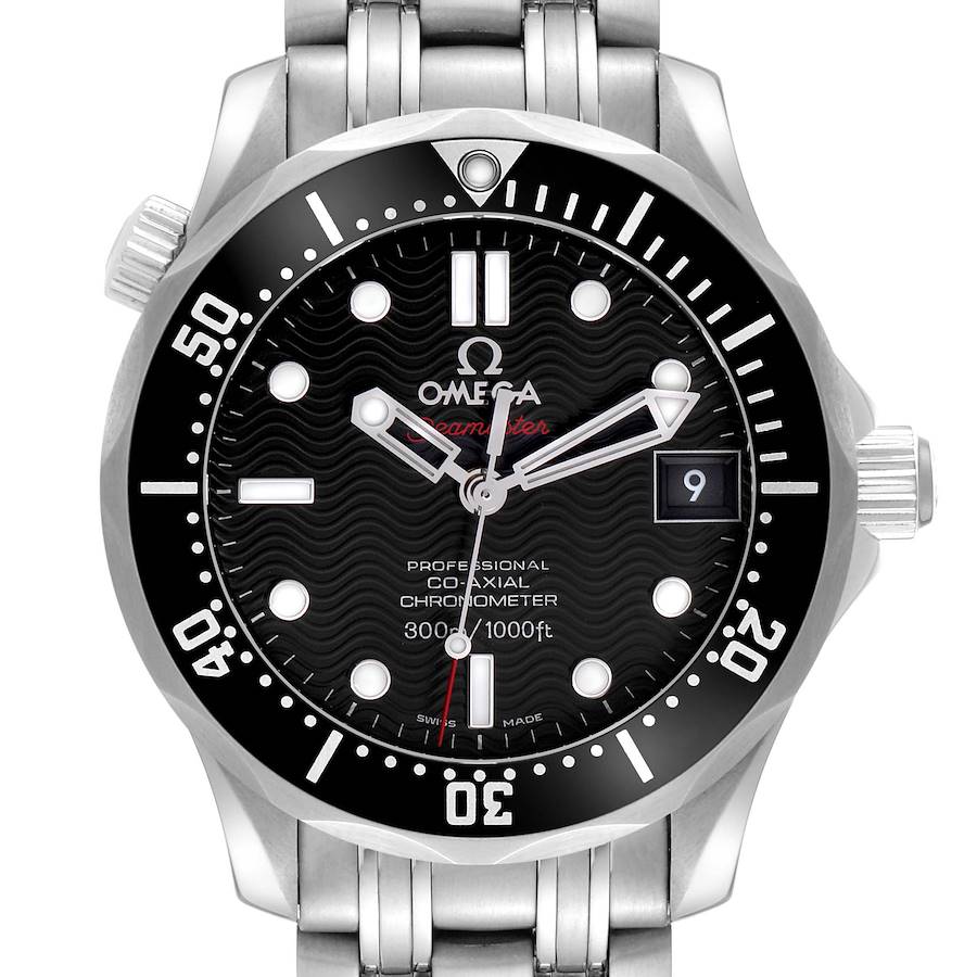The Omega Seamaster watch is shown from the front, displaying the dial, bezel, and part of the bracelet.