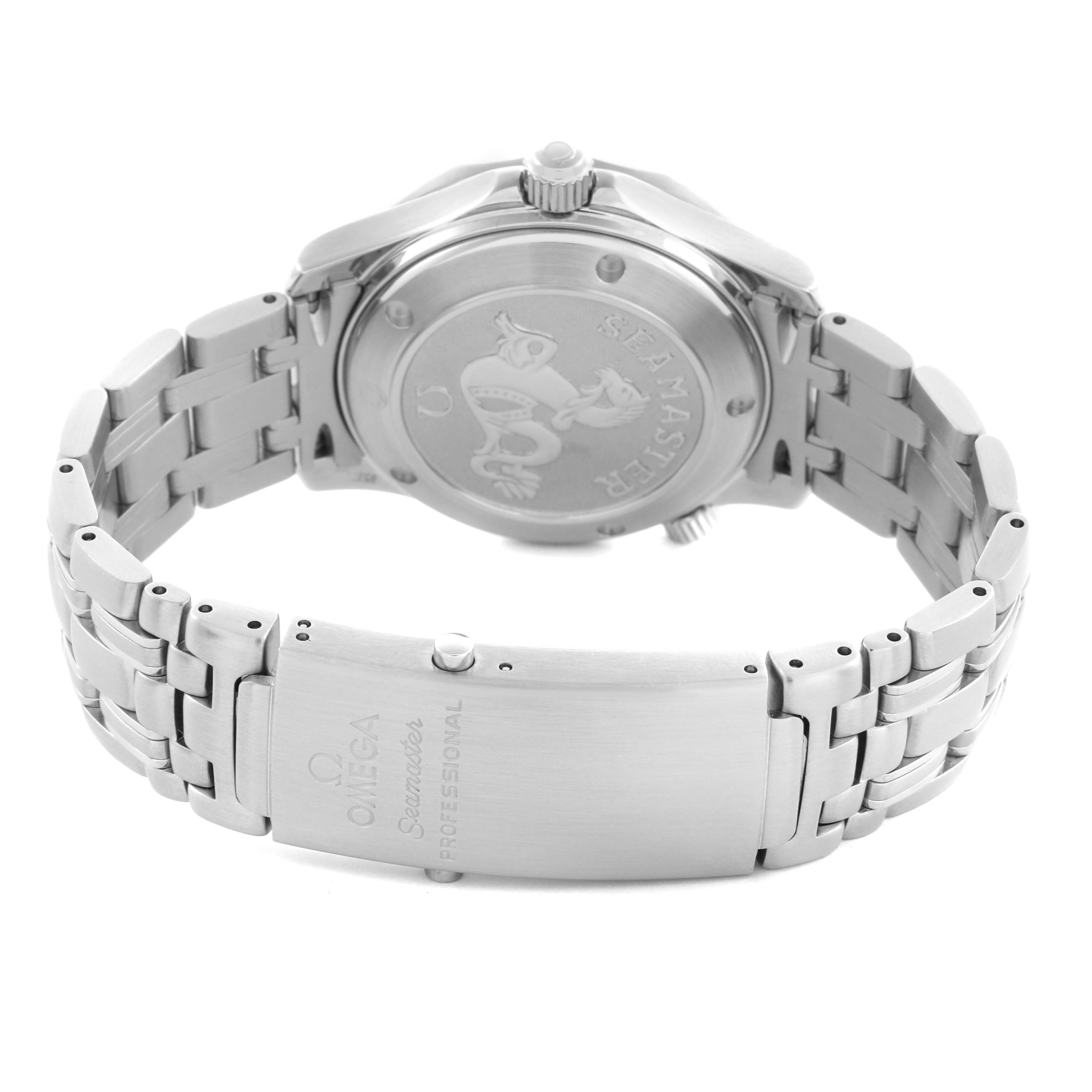 The image shows the back and clasp of an Omega Seamaster 212.30.36.20.01.001 Men
s Stainless Steel Black Dial 212.30.36.20.01.001 Men
s Stainless Steel Black Dial, highlighting the bracelet and engraved case back.