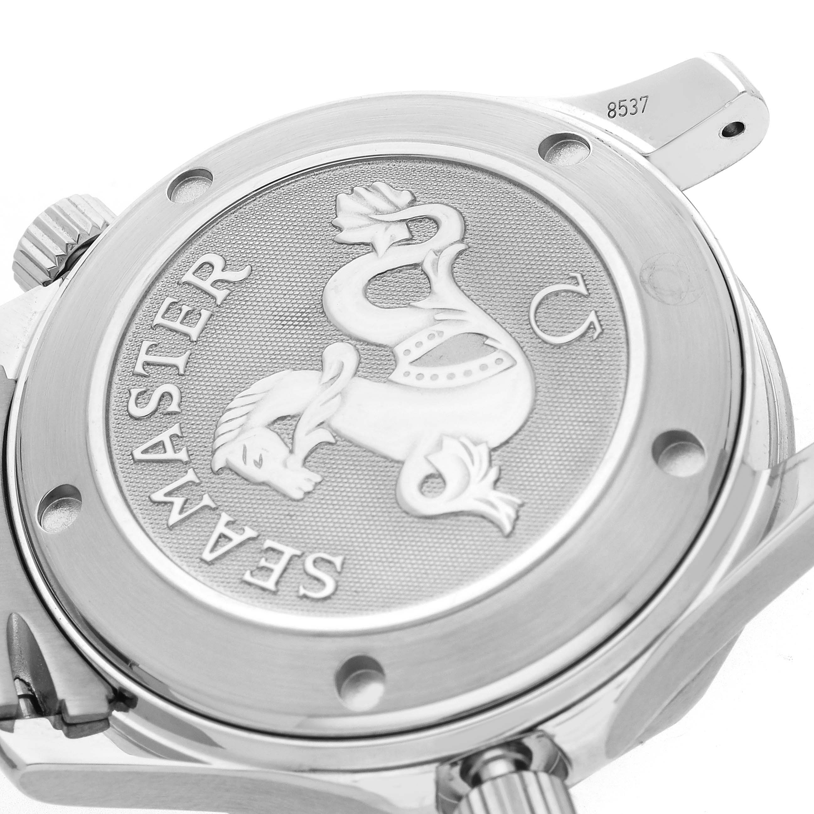 The Omega Seamaster 212.30.36.20.01.001 Men
s Stainless Steel Black Dial 212.30.36.20.01.001 Men
s Stainless Steel Black Dial watch is shown from the back, highlighting the engraved case back with the Seamaster logo.