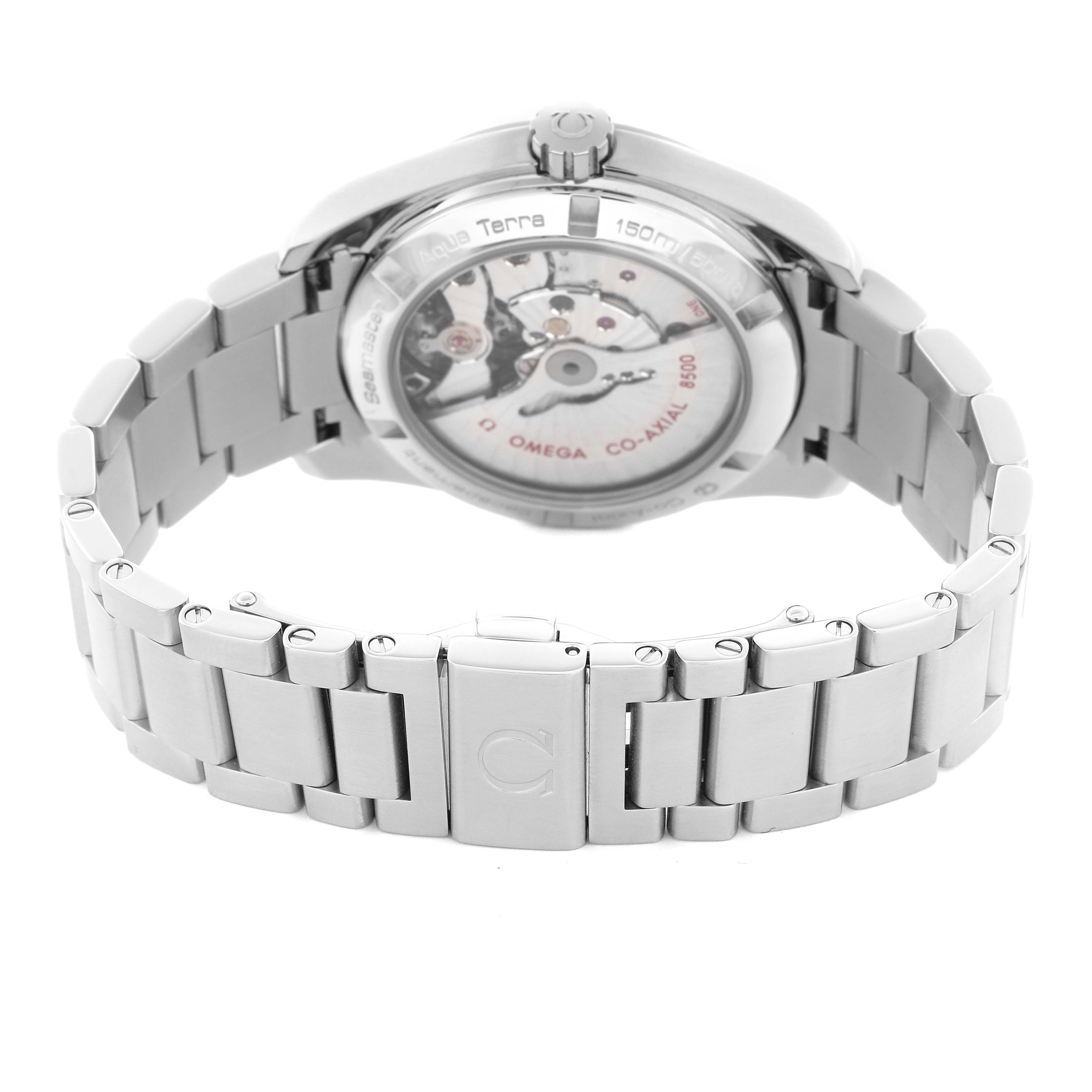 The Omega Aqua Terra 231.10.39.21.01.001 Men's Stainless Steel Black Dial 231.10.39.21.01.001 Men's Stainless Steel Black Dial watch is shown from the back, highlighting its movement and stainless steel bracelet.