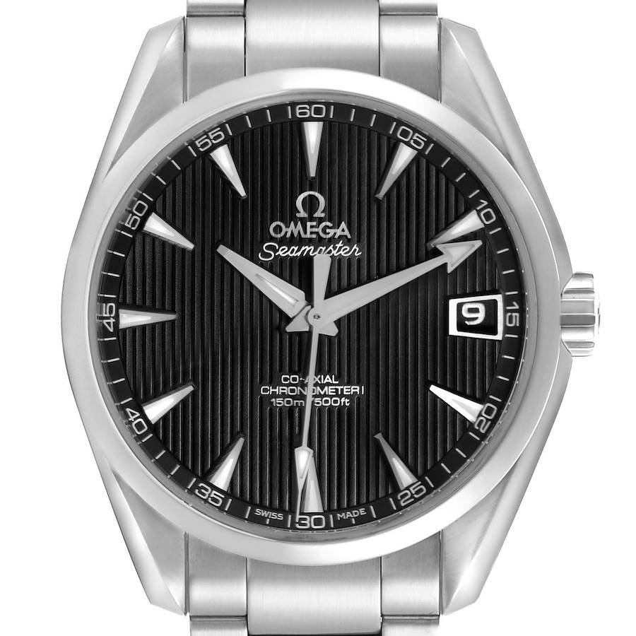 The Omega Aqua Terra watch is shown from the front, displaying the dial, bezel, bracelet, and crown.