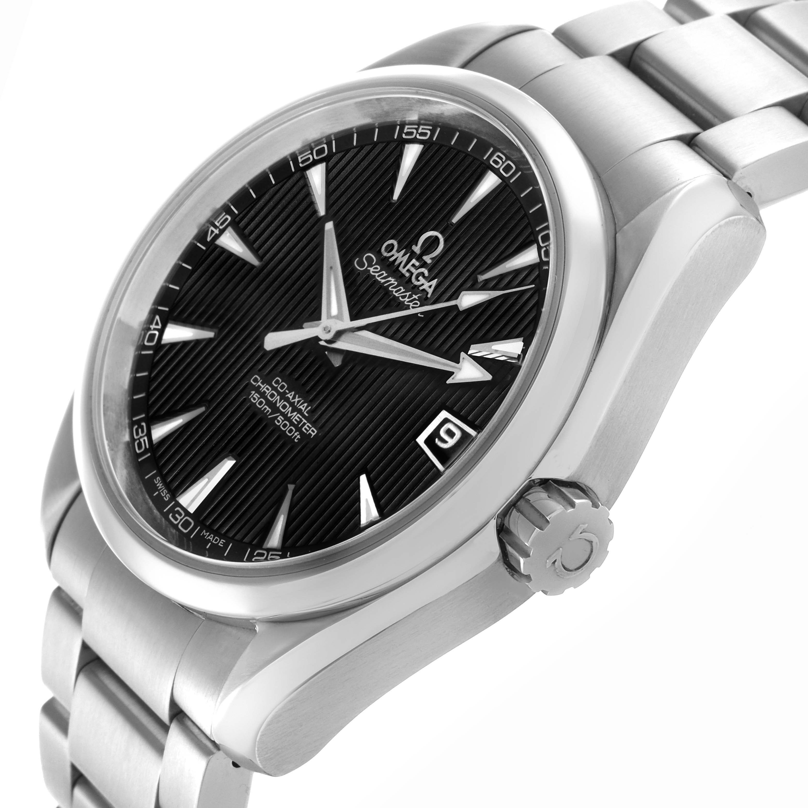 The Omega Aqua Terra 231.10.39.21.01.001 Men's Stainless Steel Black Dial 231.10.39.21.01.001 Men's Stainless Steel Black Dial watch is shown at a three-quarter angle, highlighting the dial, crown, and part of the bracelet.