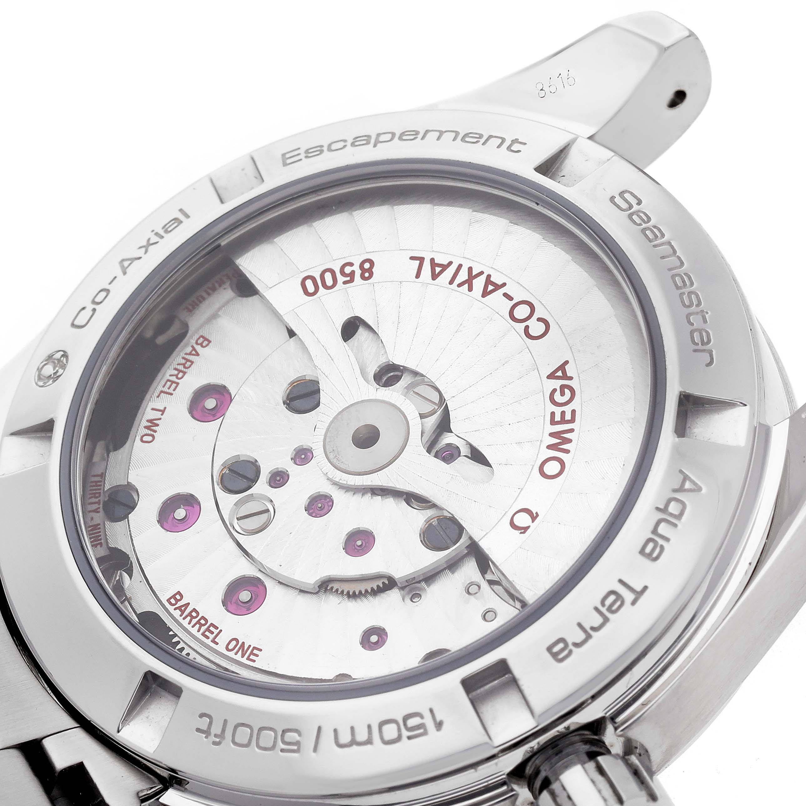 The image shows the back of the Omega Aqua Terra 231.10.39.21.01.001 Men's Stainless Steel Black Dial 231.10.39.21.01.001 Men's Stainless Steel Black Dial watch, highlighting the Co-Axial movement and visible mechanism.