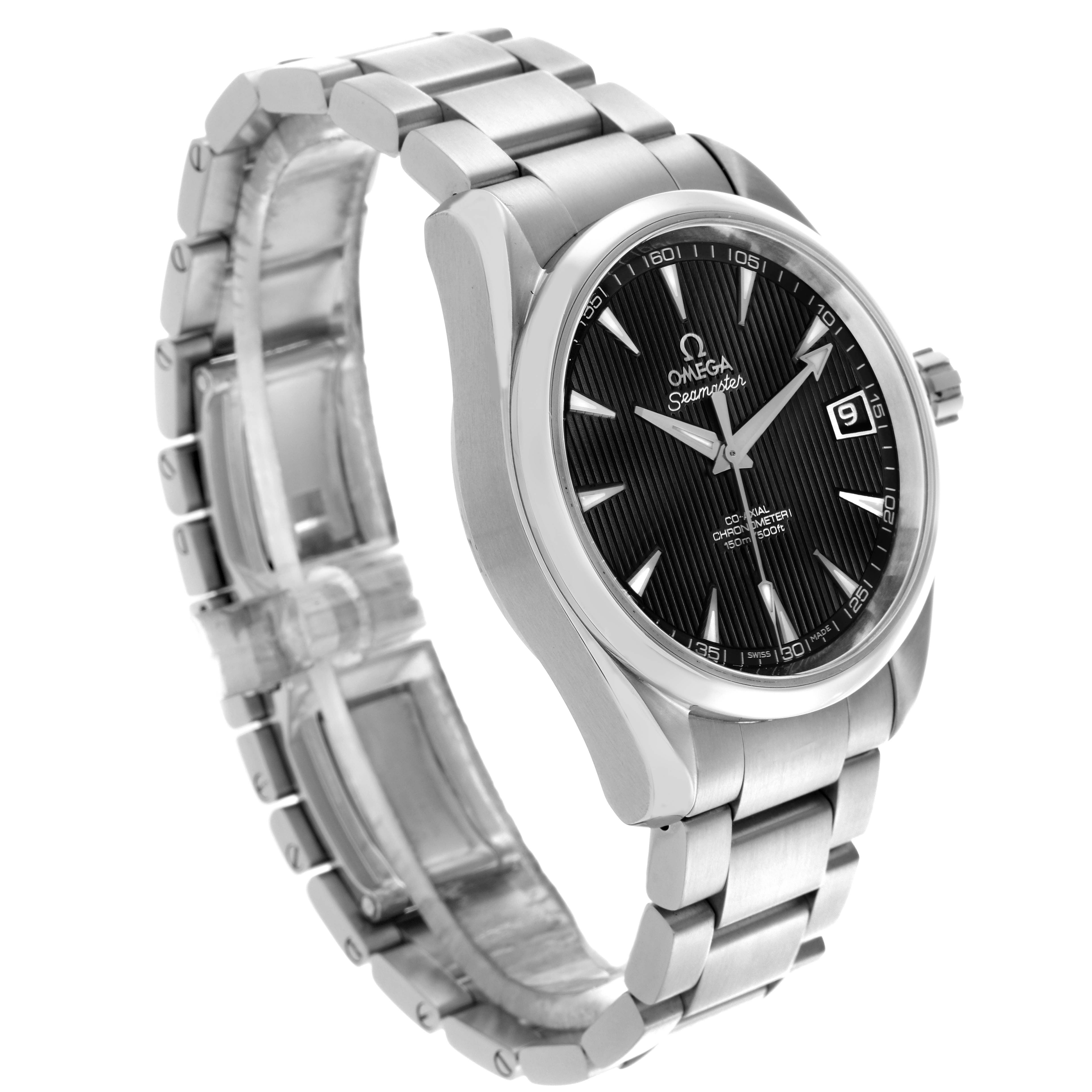 This Omega Aqua Terra 231.10.39.21.01.001 Men's Stainless Steel Black Dial 231.10.39.21.01.001 Men's Stainless Steel Black Dial watch is shown at a three-quarter angle, displaying the face, bracelet, and side profile.