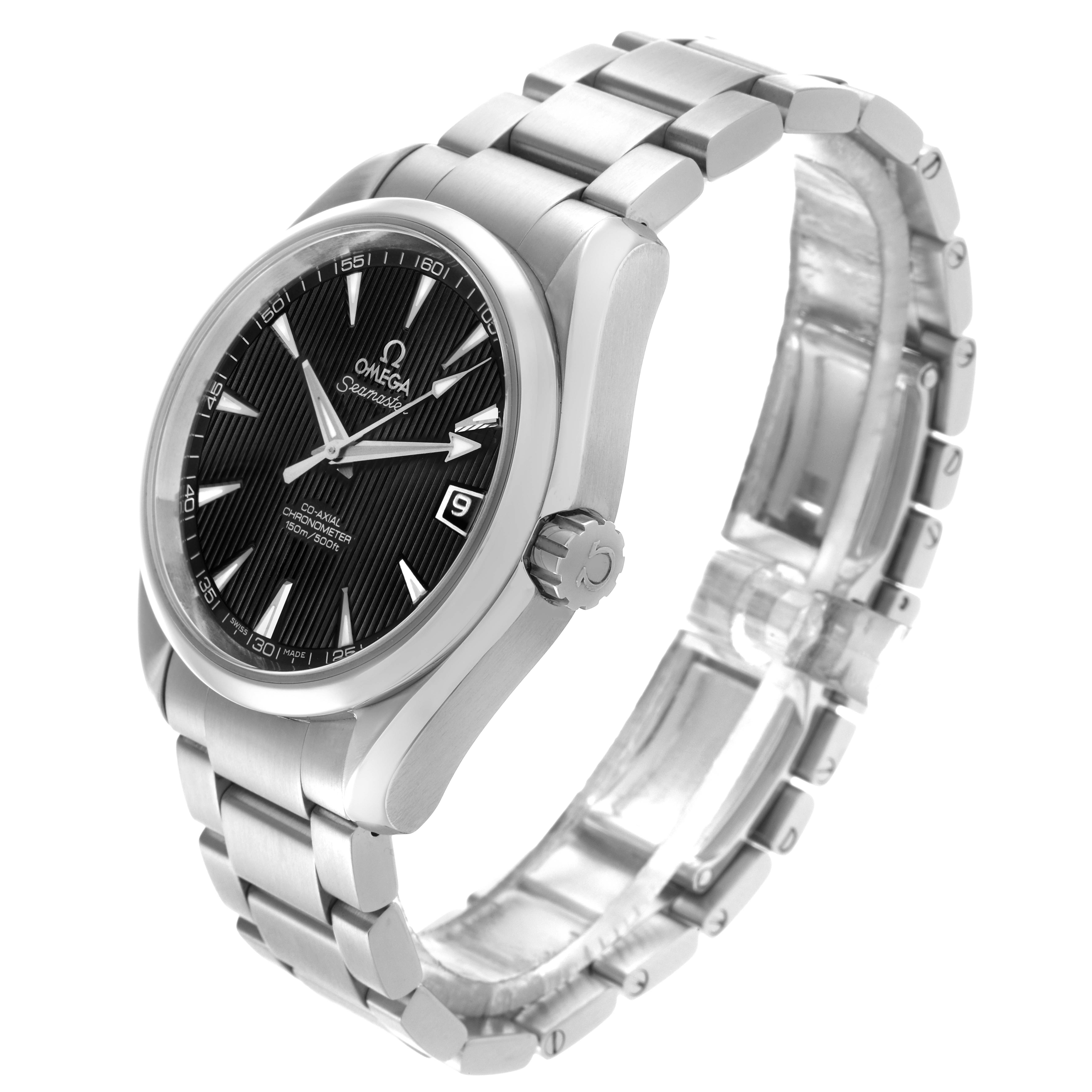 The Omega Aqua Terra 231.10.39.21.01.001 Men's Stainless Steel Black Dial 231.10.39.21.01.001 Men's Stainless Steel Black Dial watch is shown at a three-quarter angle, highlighting the face, hands, bezel, and bracelet.