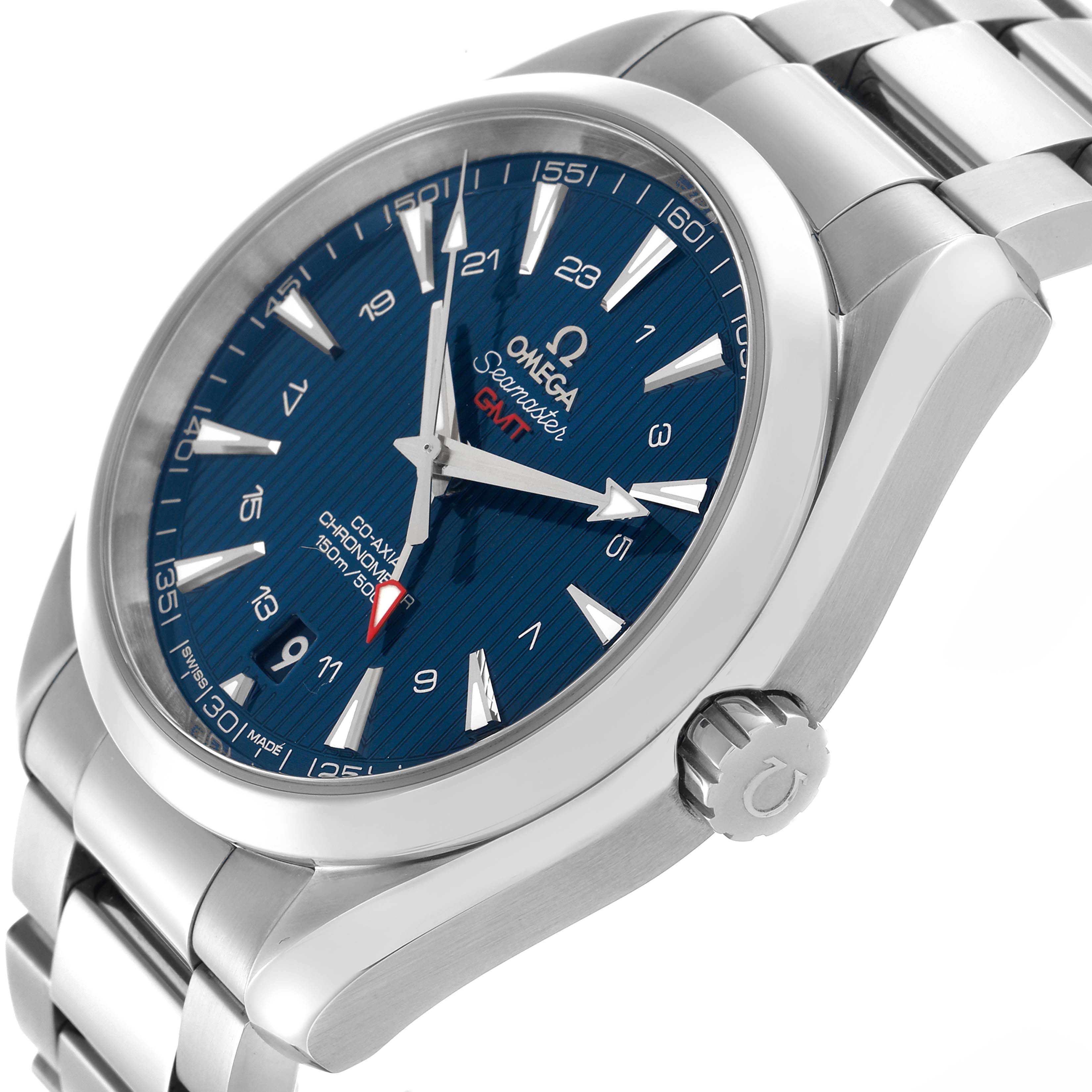 The Omega Aqua Terra 231.10.43.22.03.001 Men
s Stainless Steel Blue Dial 231.10.43.22.03.001 Men
s Stainless Steel Blue Dial watch is shown at an angled side view, displaying the dial, crown, and part of the bracelet.